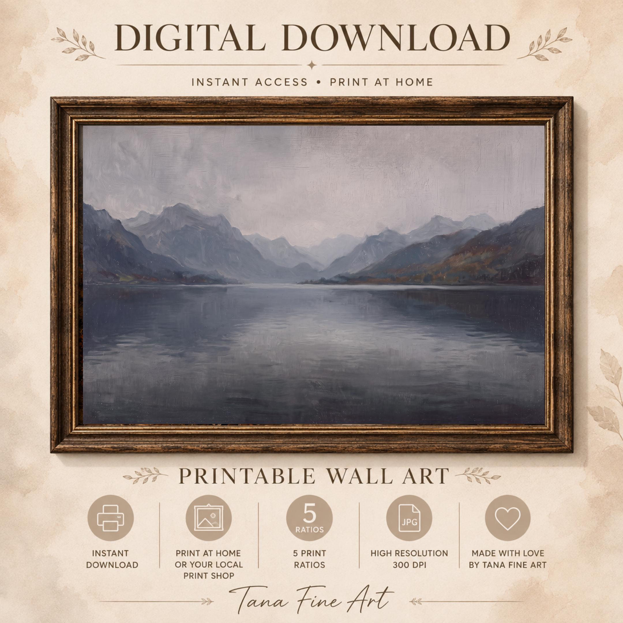 Misty Mountain Lake Wall Art, Vintage Alpine Landscape, Moody Blue Gray Decor, Digital Download — image 10