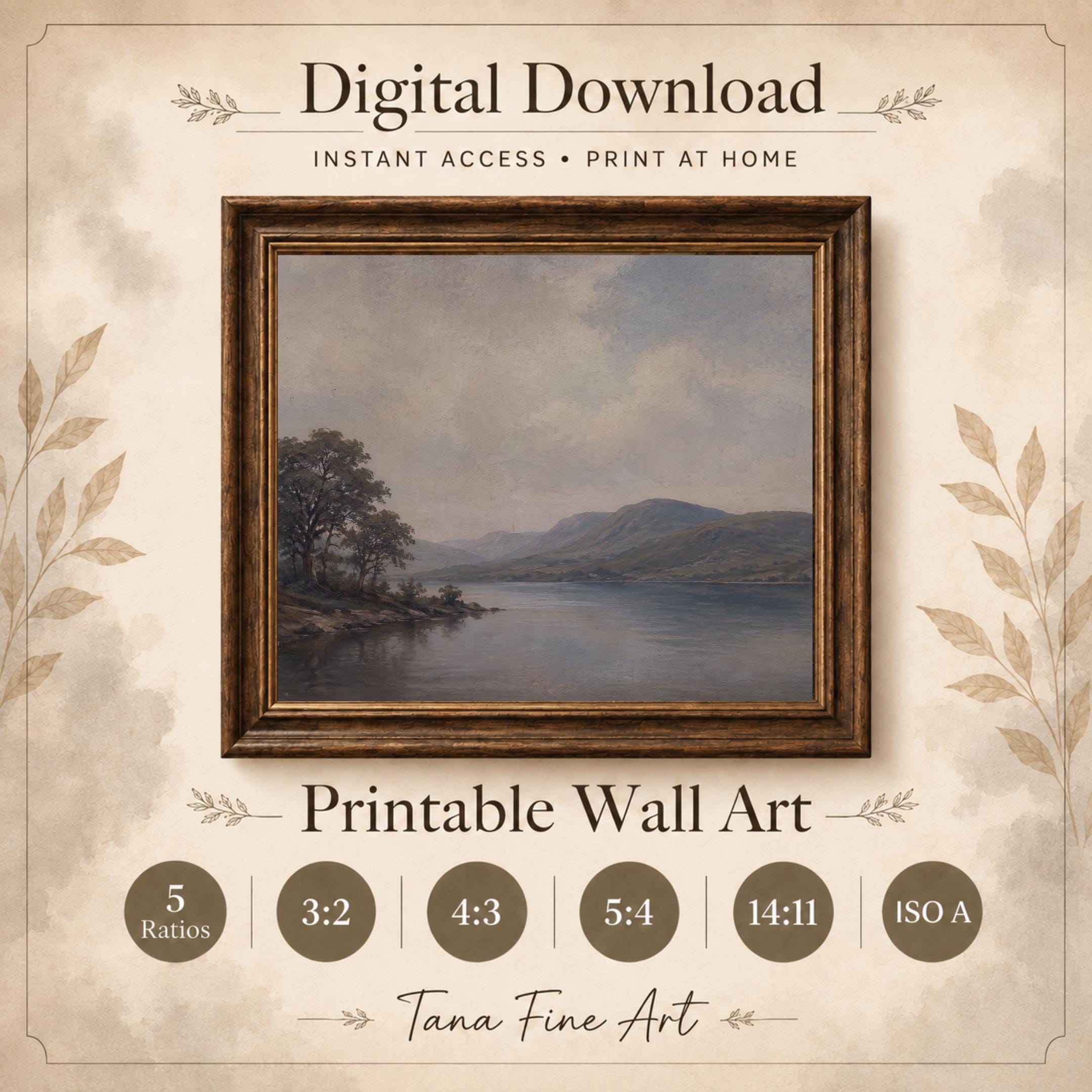 Vintage Lake Landscape Printable Wall Art, Moody Mountain Scenery, Neutral Rustic Cottage Home Decor — image 8