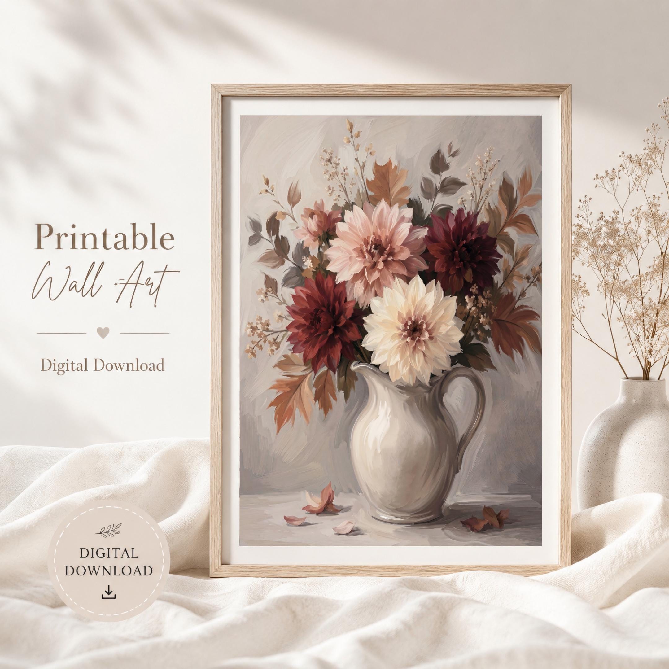 Fall Dahlia Wall Art, Moody Floral Pitcher Print, Burgundy Autumn Flower Decor (Digital Download) — image 6