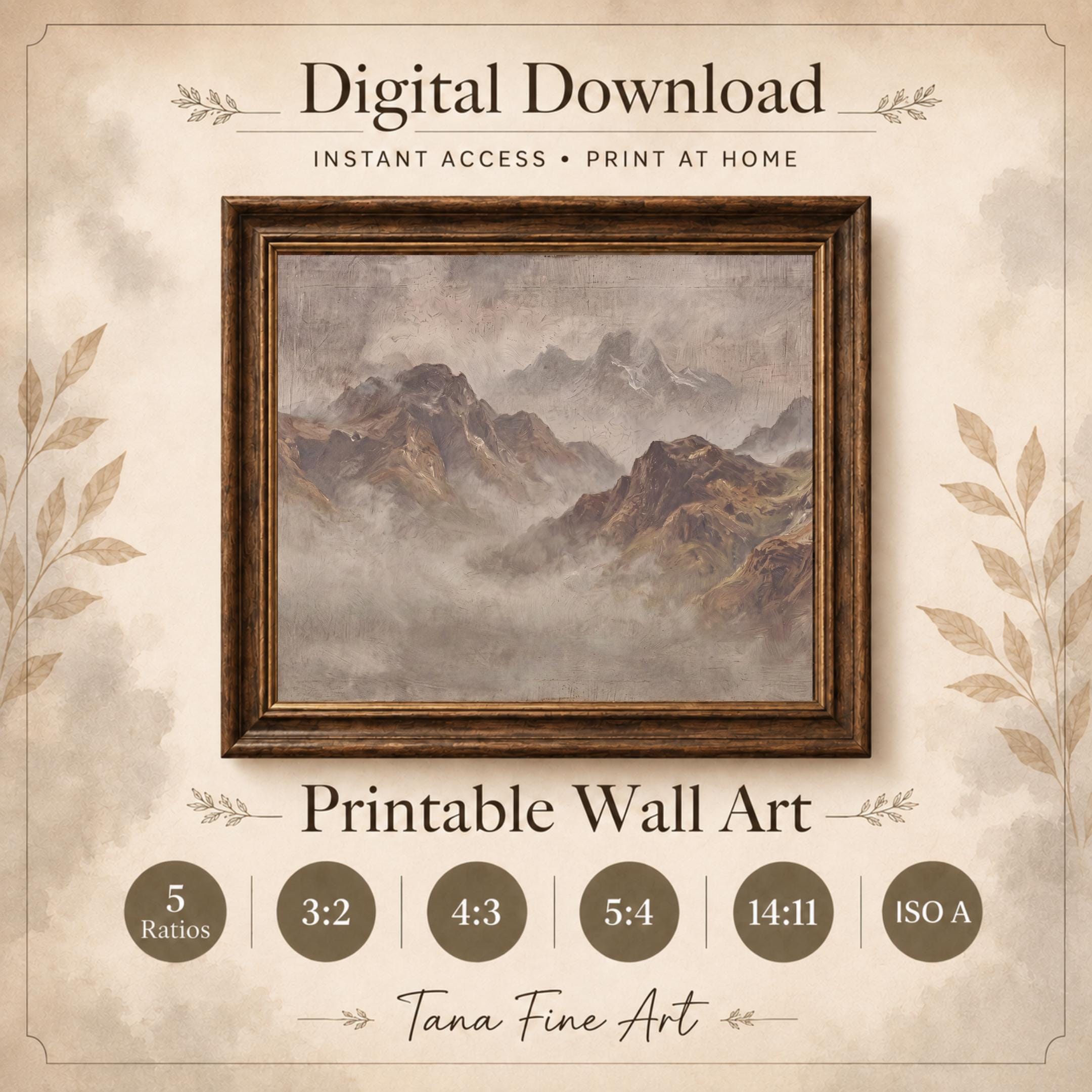 Vintage Misty Mountain Wall Art, Neutral Alpine Landscape, Earthy Rustic Cabin Decor, Digital Download — image 5