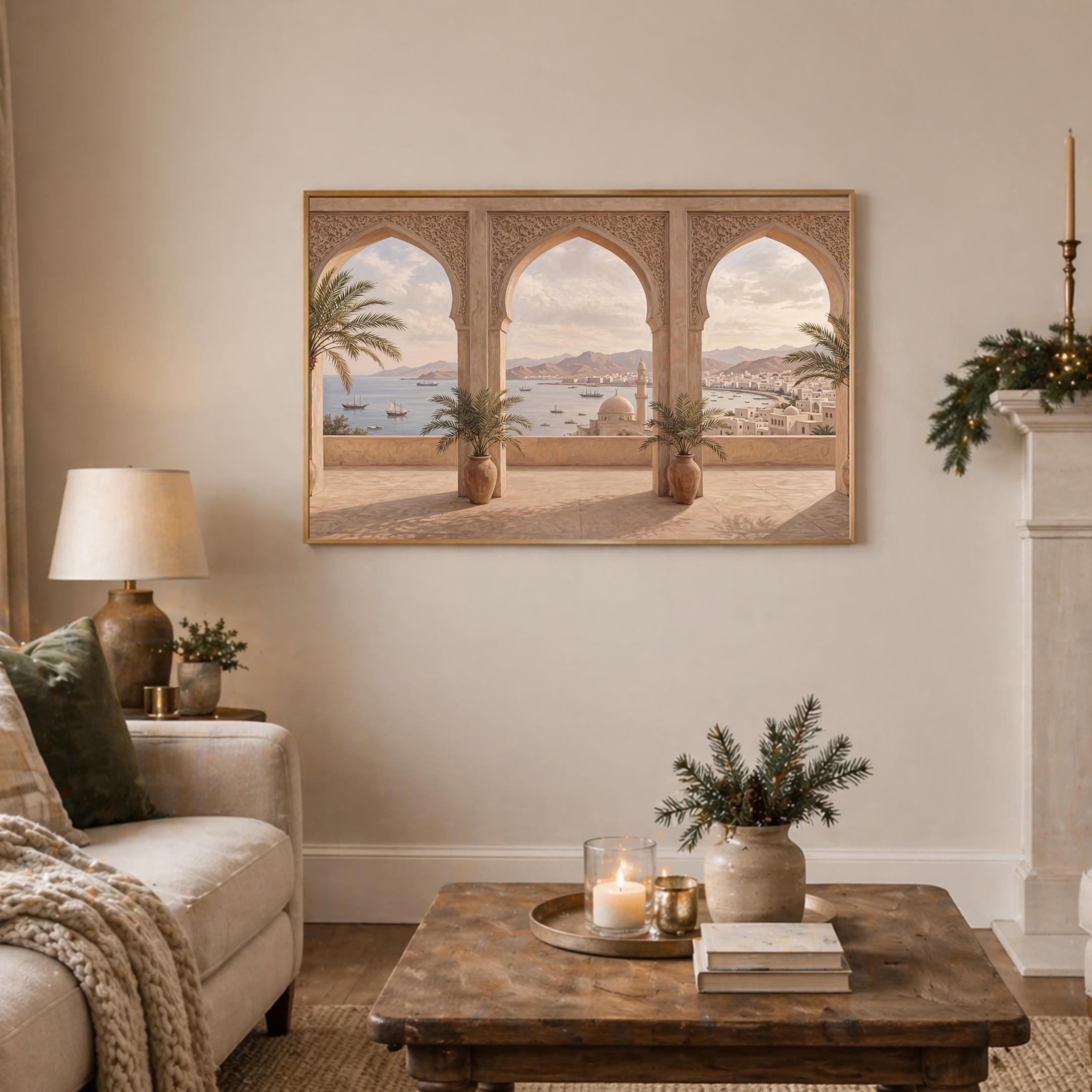Mediterranean Arch Frame TV Art, Coastal Mosque Mountain View, Warm Neutral 4K Digital Download — image 2