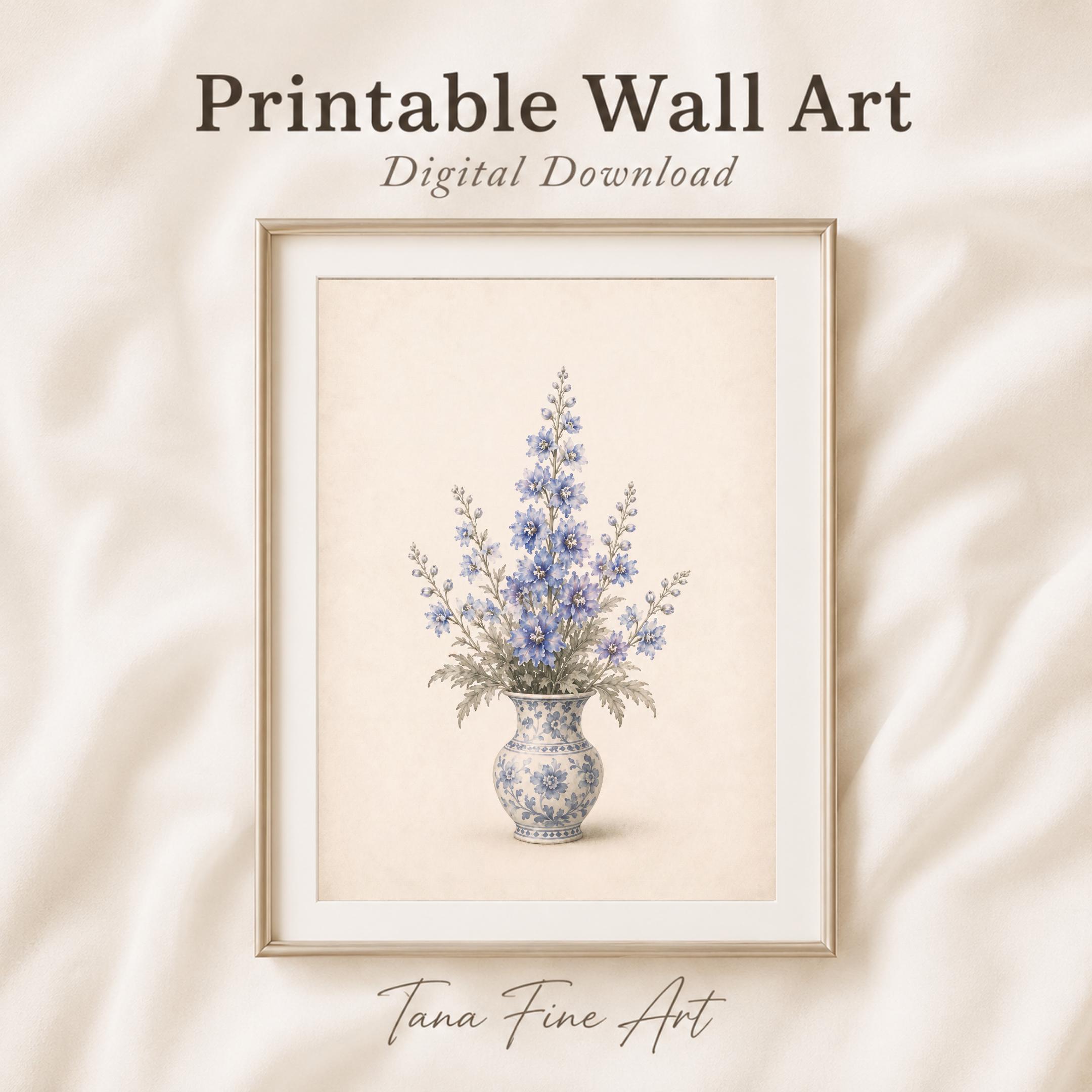 July Birth Flower Bouquet Art Print | Larkspur Printable Art | Blue Floral Vase Digital Download — image 2