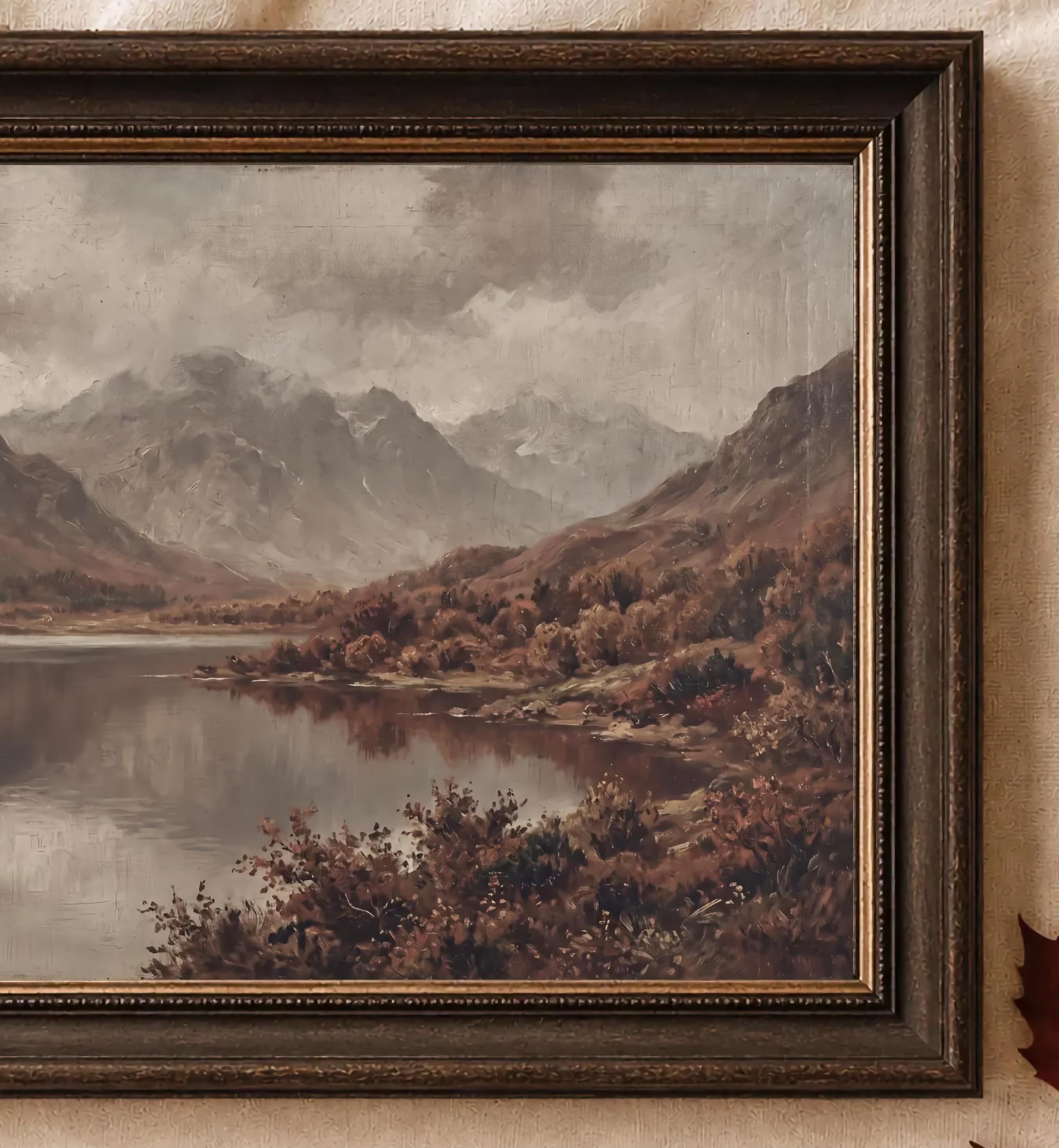 Vintage Autumn Lake Printable Wall Art, Misty Mountain Landscape, Earthy Rustic Cabin Digital Download — image 2