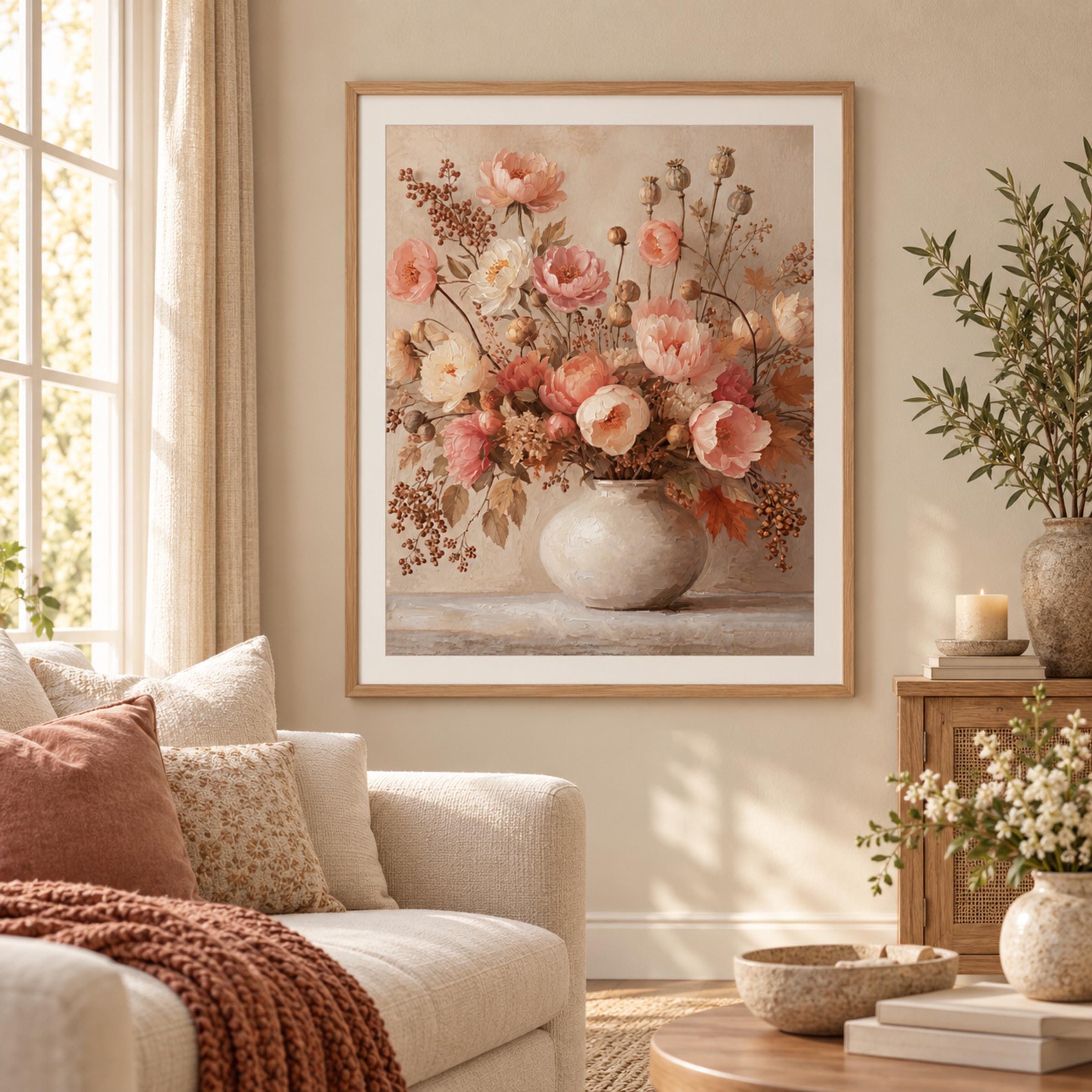 Blush Peony Vase Printable Wall Art, Autumn Floral Rustic Cottage Home Decor Digital Download — image 3