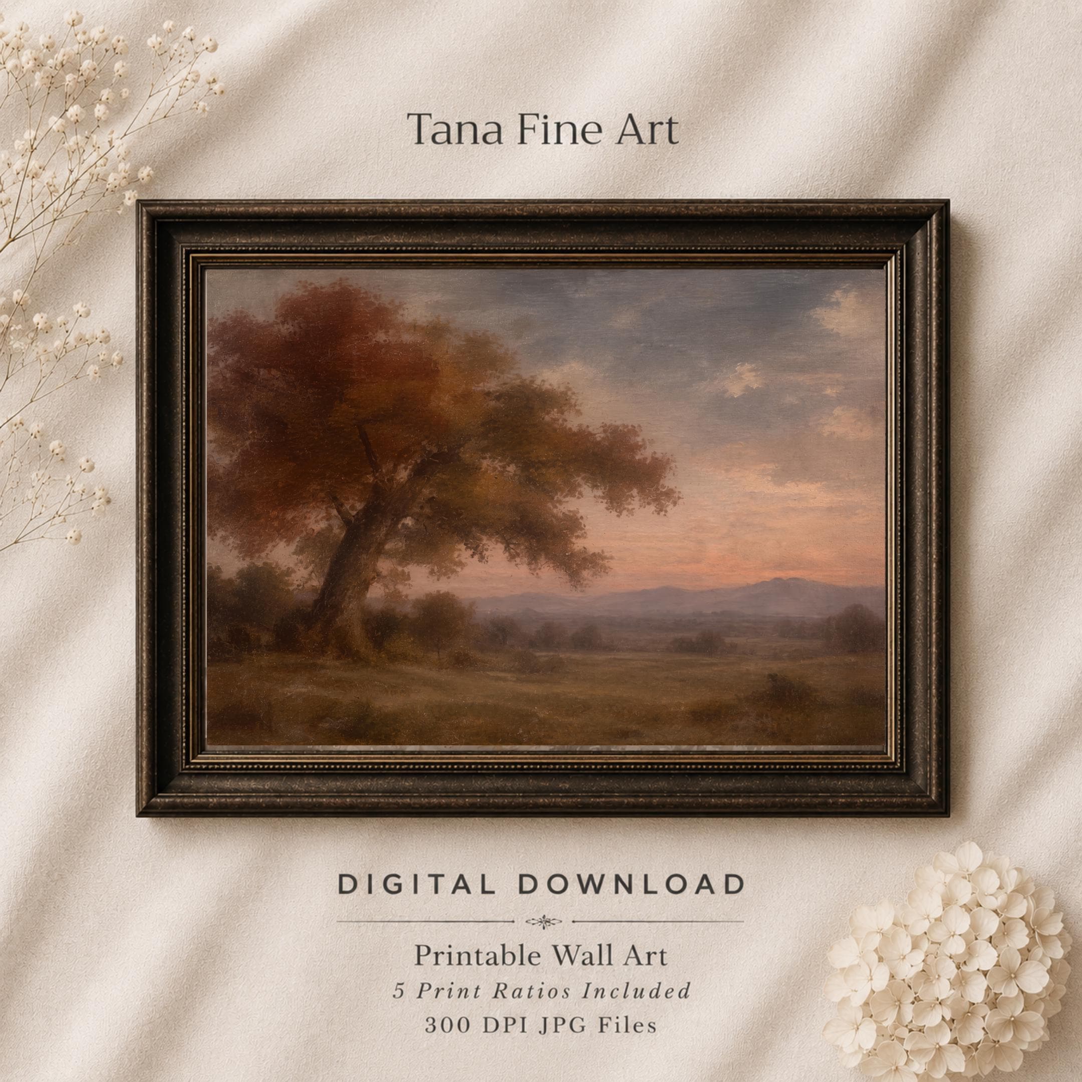 Vintage Autumn Tree Wall Art, Sunset Countryside Landscape, Warm Earthy Rustic Farmhouse, Digital Download