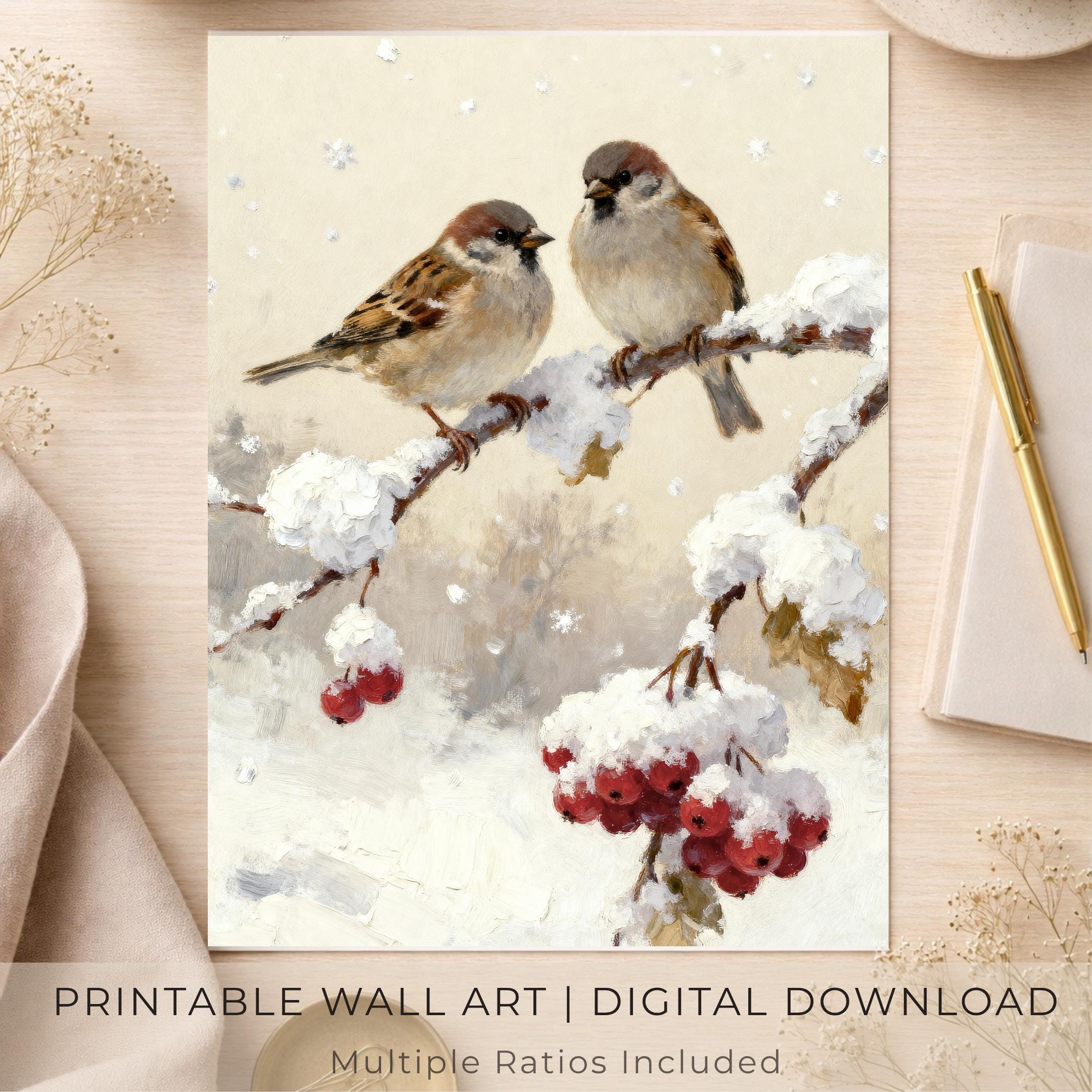Winter Bird Wall Art Printable | Cozy Sparrows Snowy Branch (Digital Download) — image 6