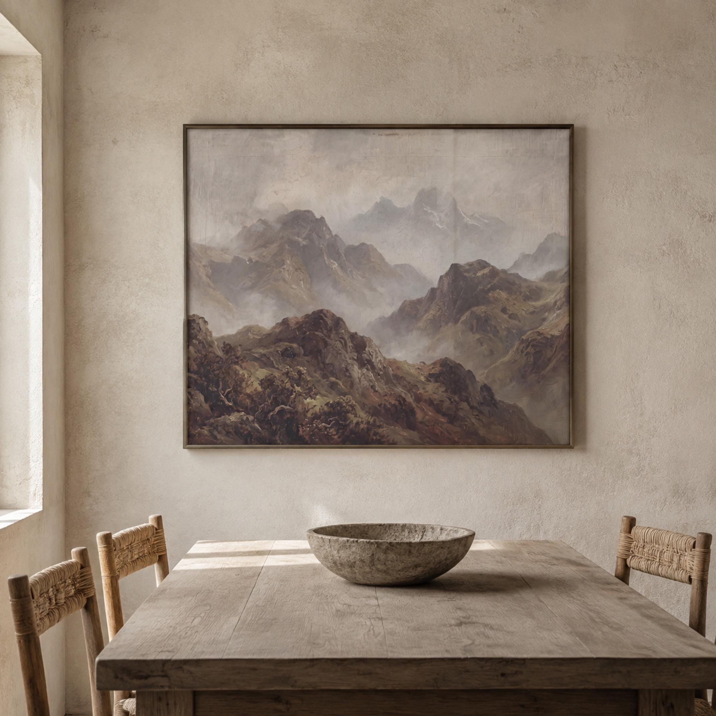 Rustic Mountain Wall Art, Vintage Misty Alpine Landscape, Earthy Wilderness Home Decor, Digital Download — image 3