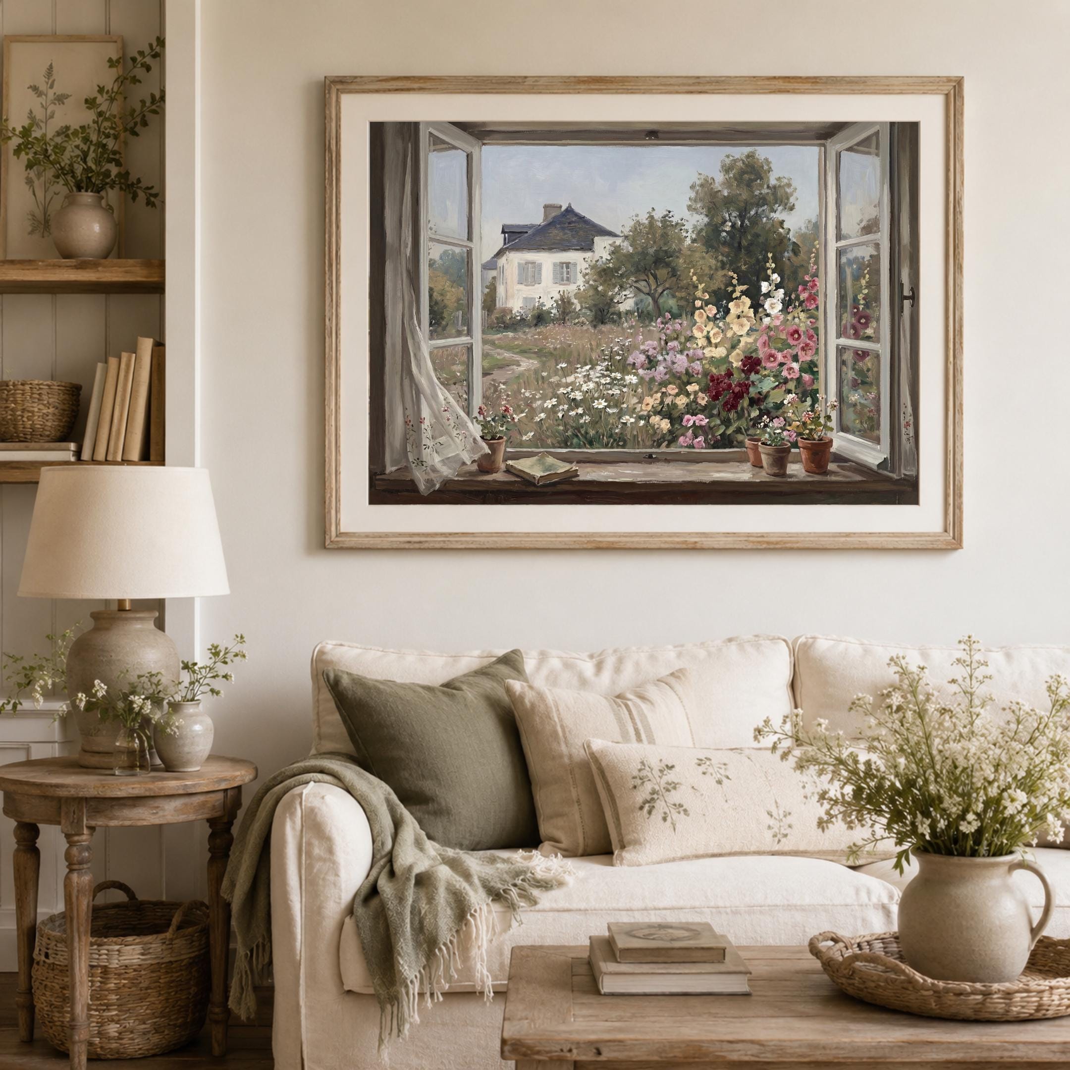 Cottage Window View Wall Art, Garden Floral Landscape, Vintage Painting Farmhouse Decor (Digital Download) — image 7