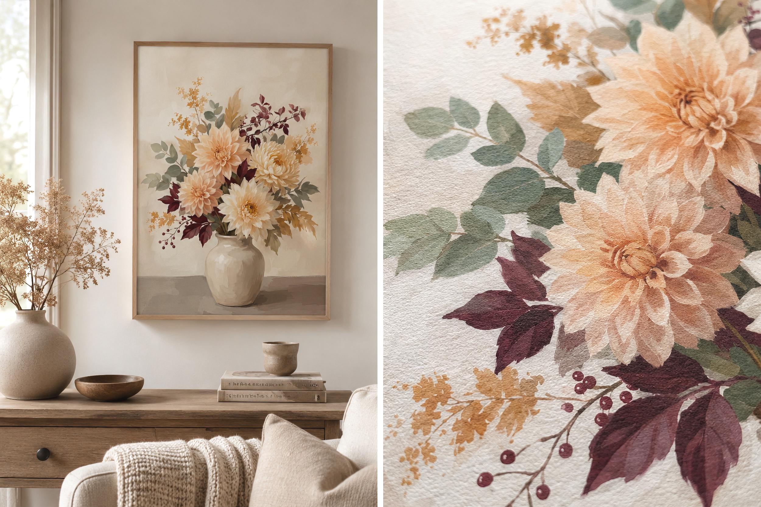 Fall Dahlia Wall Art, Cream Floral Vase Print, Burgundy Autumn Leaf Decor (Digital Download) — image 4