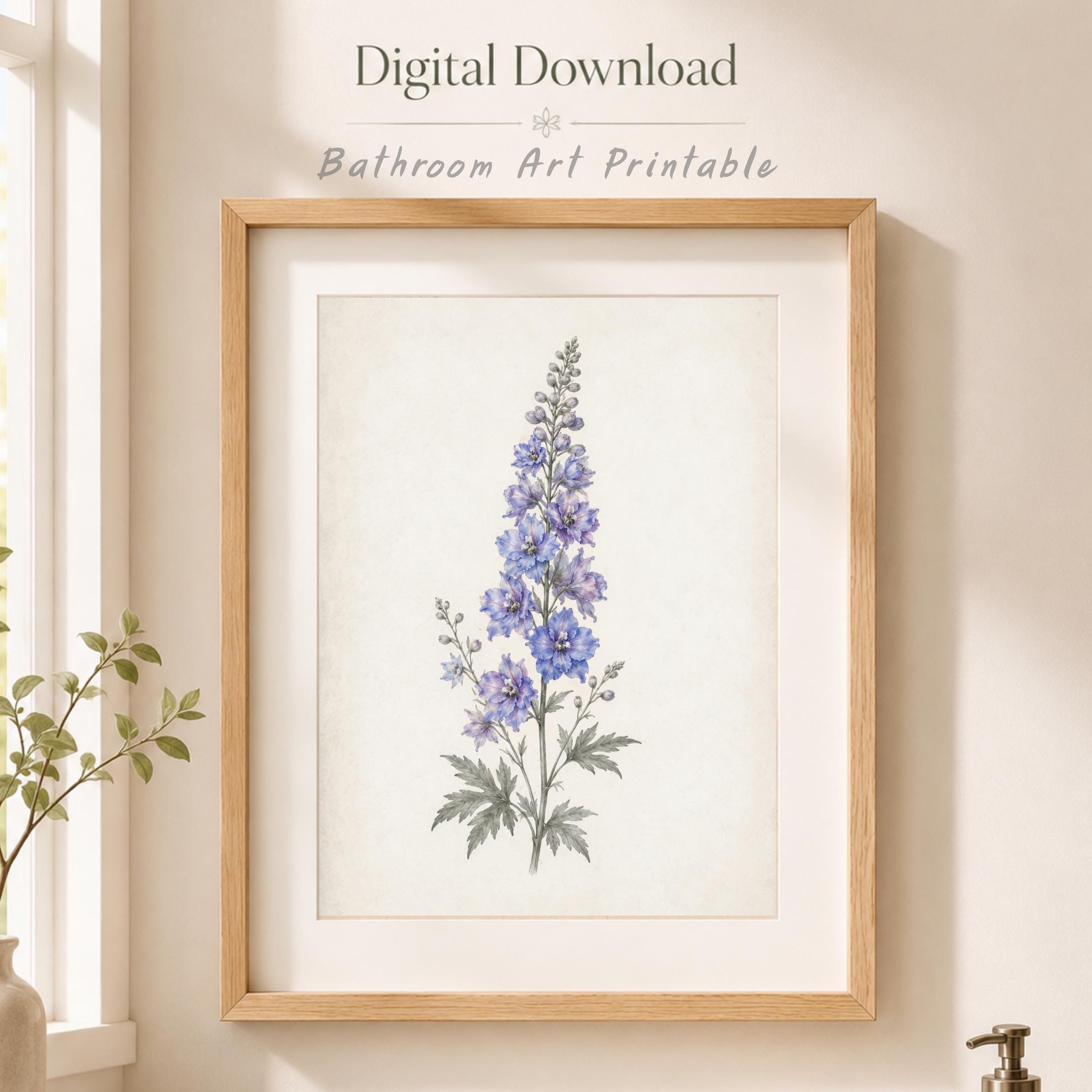 July Birth Flower Art Print, Blue Larkspur Vintage Botanical Prints, Watercolor Floral (Digital Download) — image 8