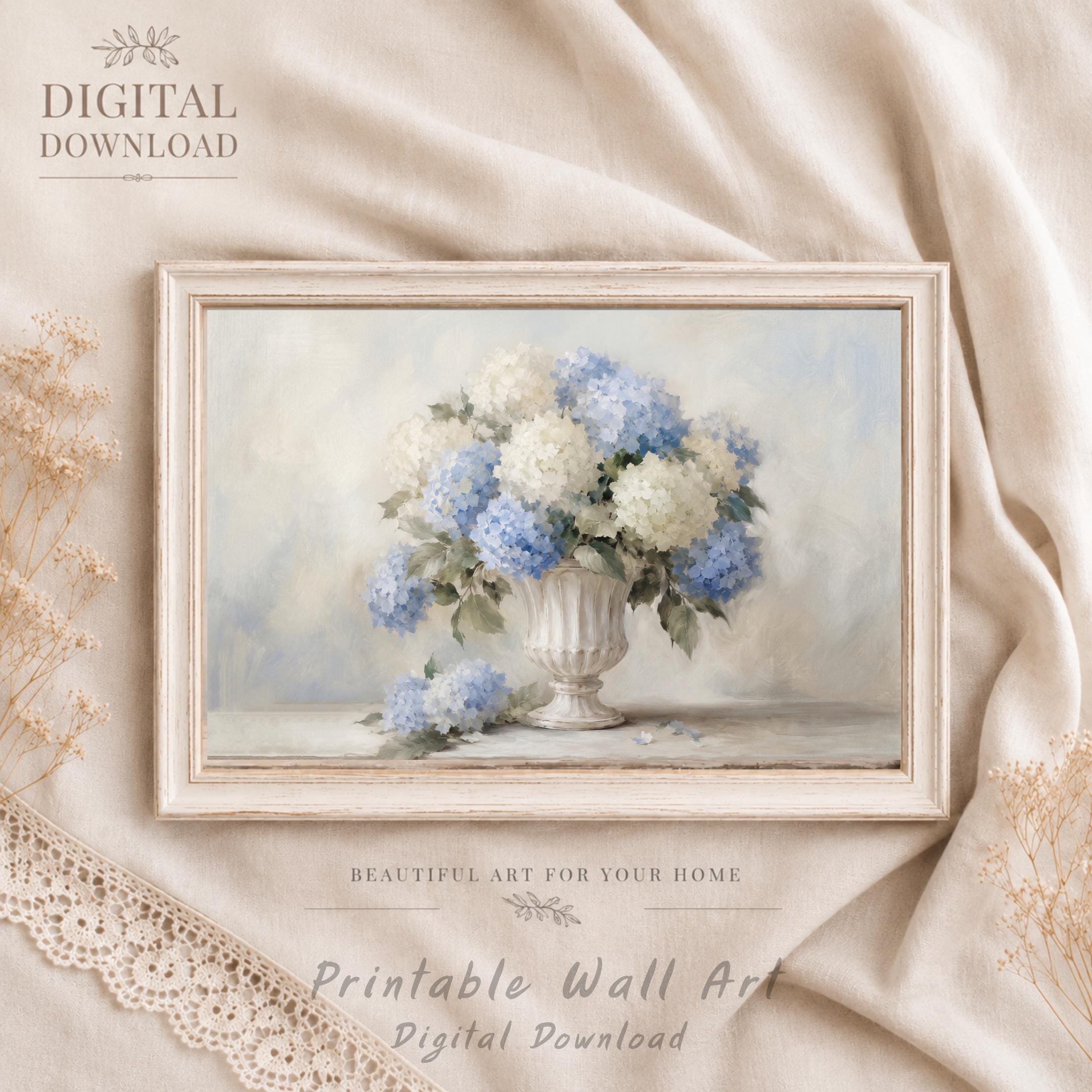 Vintage Blue Hydrangea Wall Art,  Neutral Floral in French Stone Urn (Digital Download)