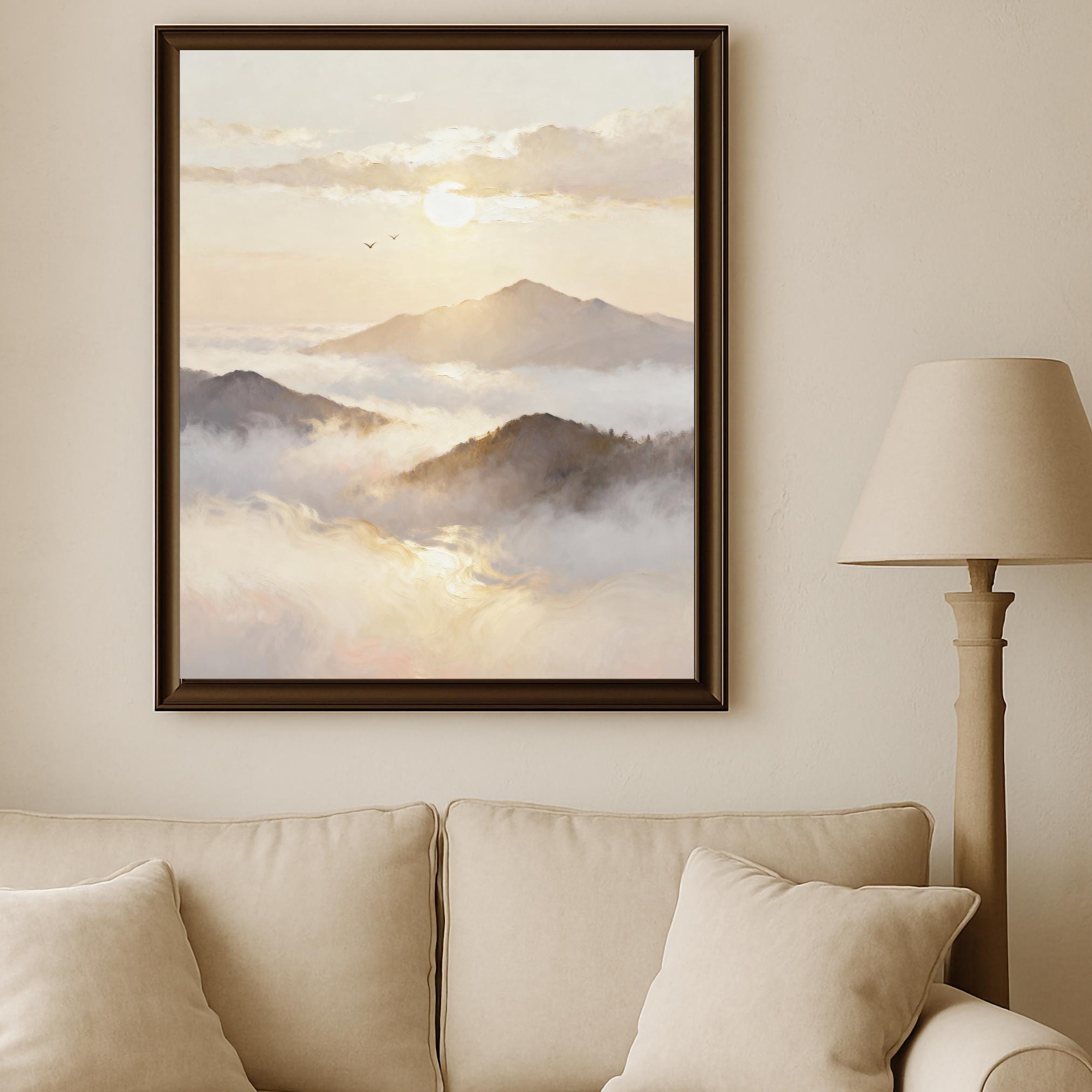 Sunset Mountain Printable Wall Art, Neutral Misty Landscape Painting, Serene Bedroom Decor Digital Download — image 5