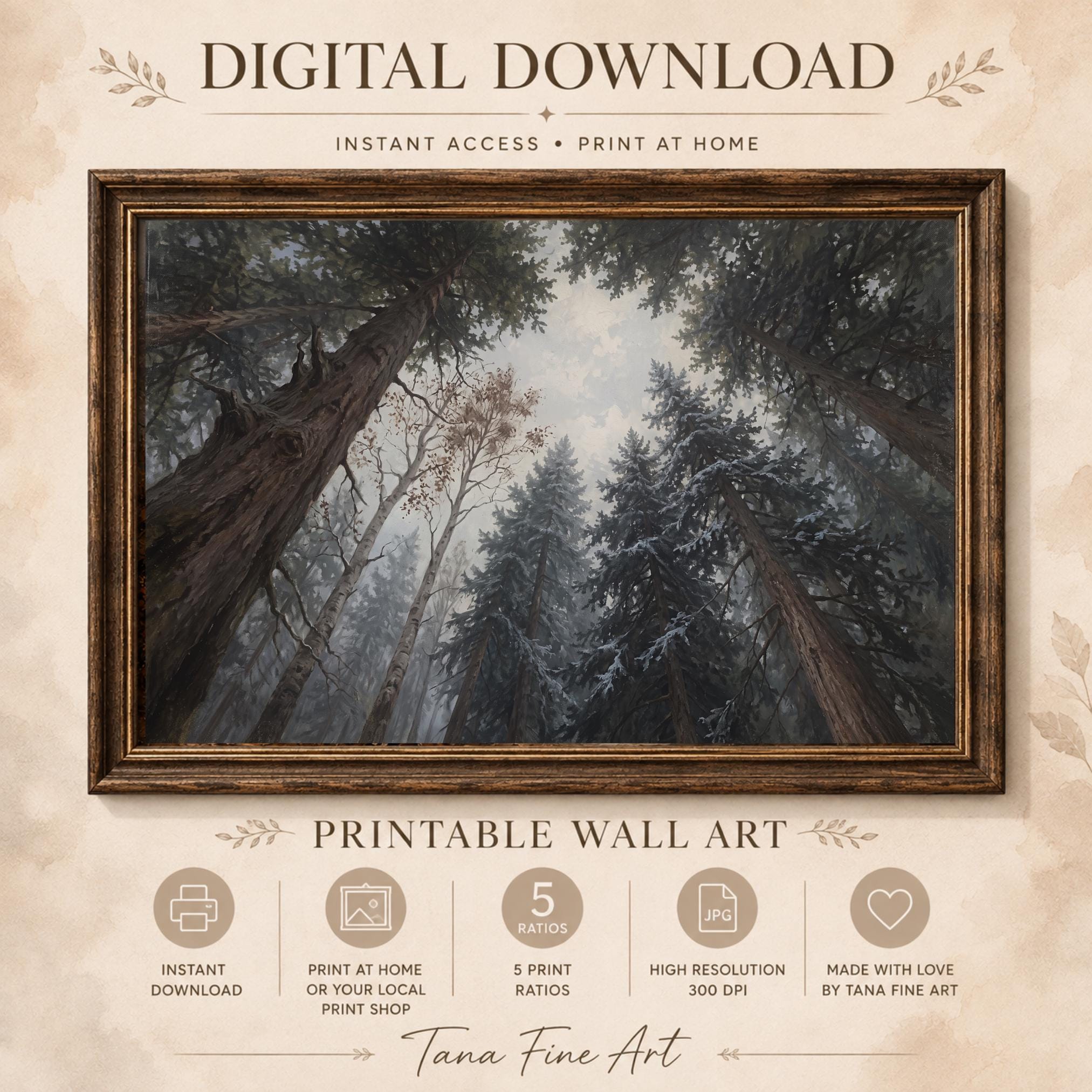 Snowy Pine Forest Canopy Wall Art, Moody Woodland Landscape, Rustic Cabin Decor Digital Download — image 8