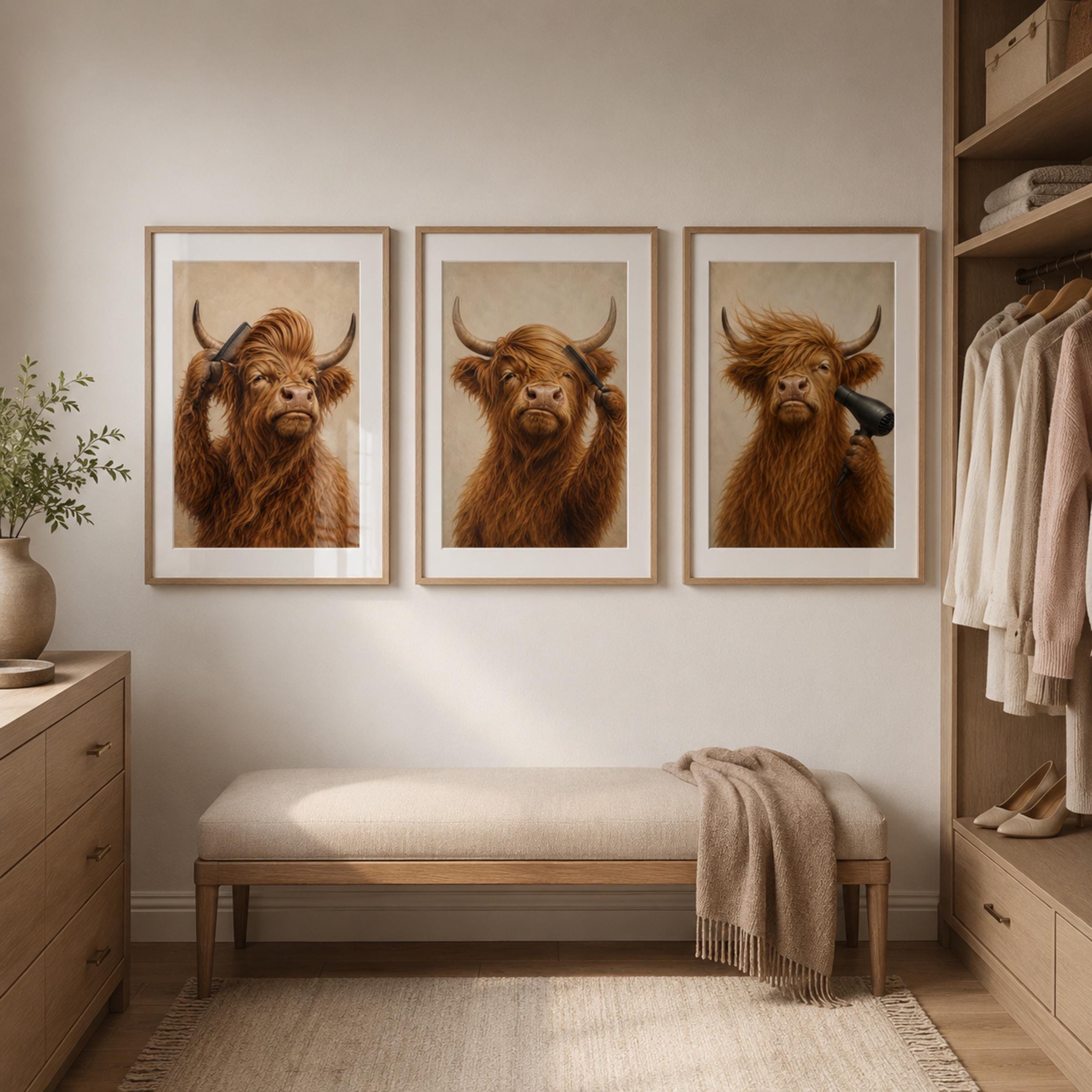 Funny Highland Cow Bathroom Printable Wall Art Set, Three Grooming Decor Prints Digital Download — image 3