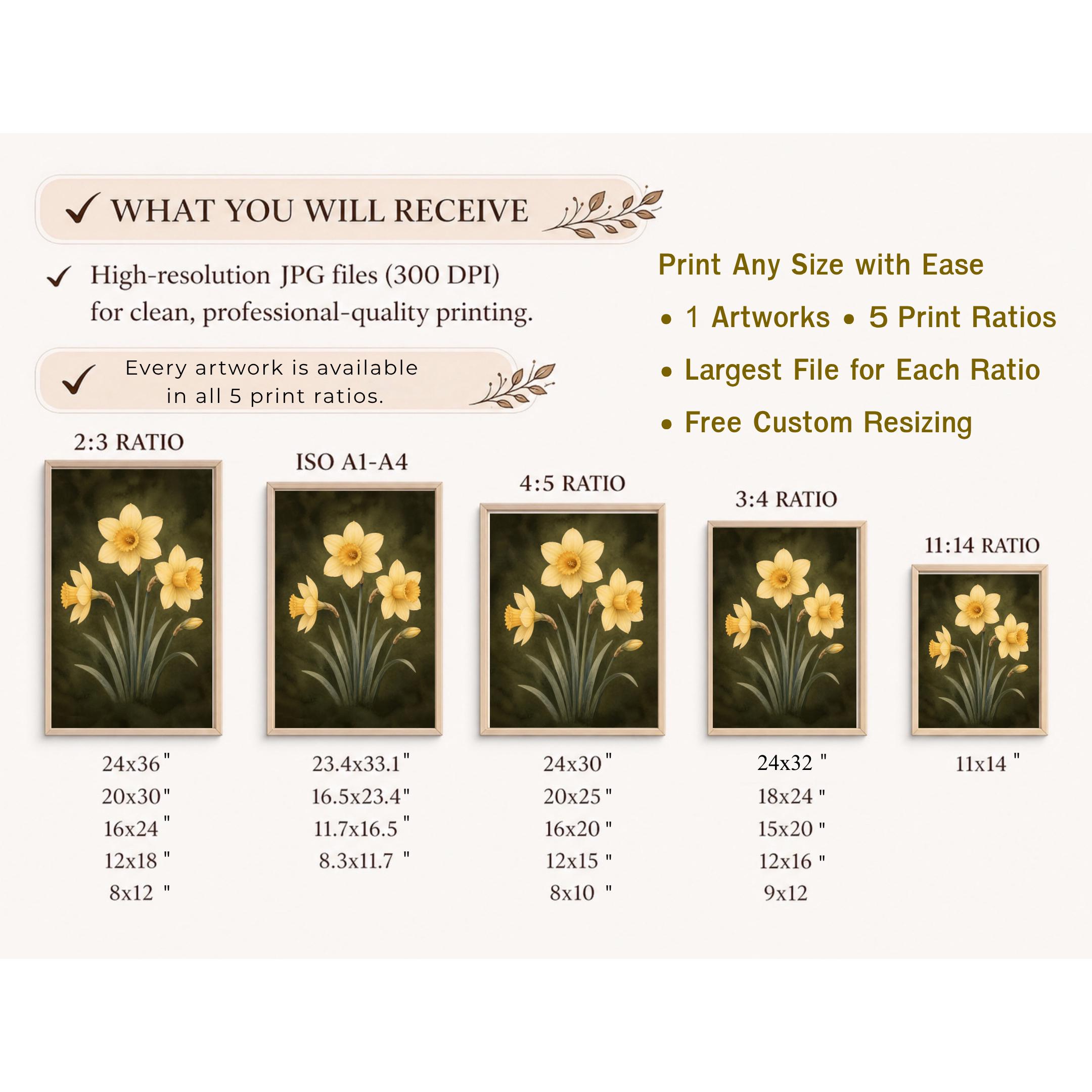 Moody March Birth Flower Print | Daffodil Wall Art | Vintage Botanical Digital Download — image 10