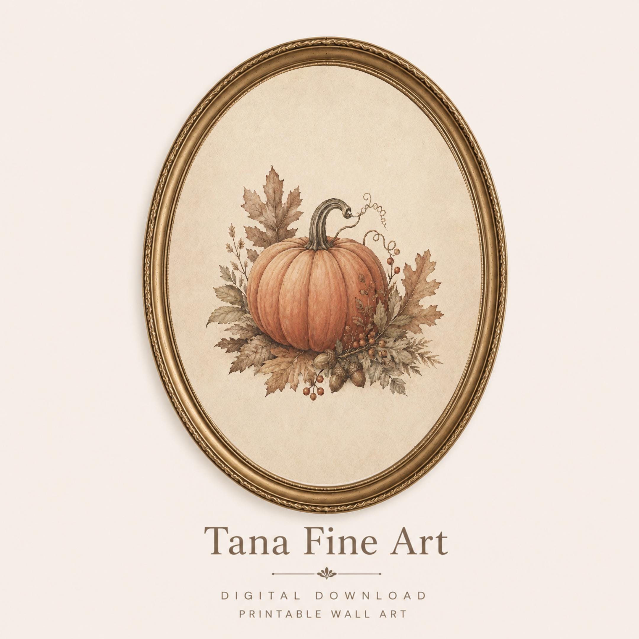 Vintage Pumpkin Wall Art, Fall Leaves Botanical, Rustic Farmhouse Autumn Decor, Printable Digital Download