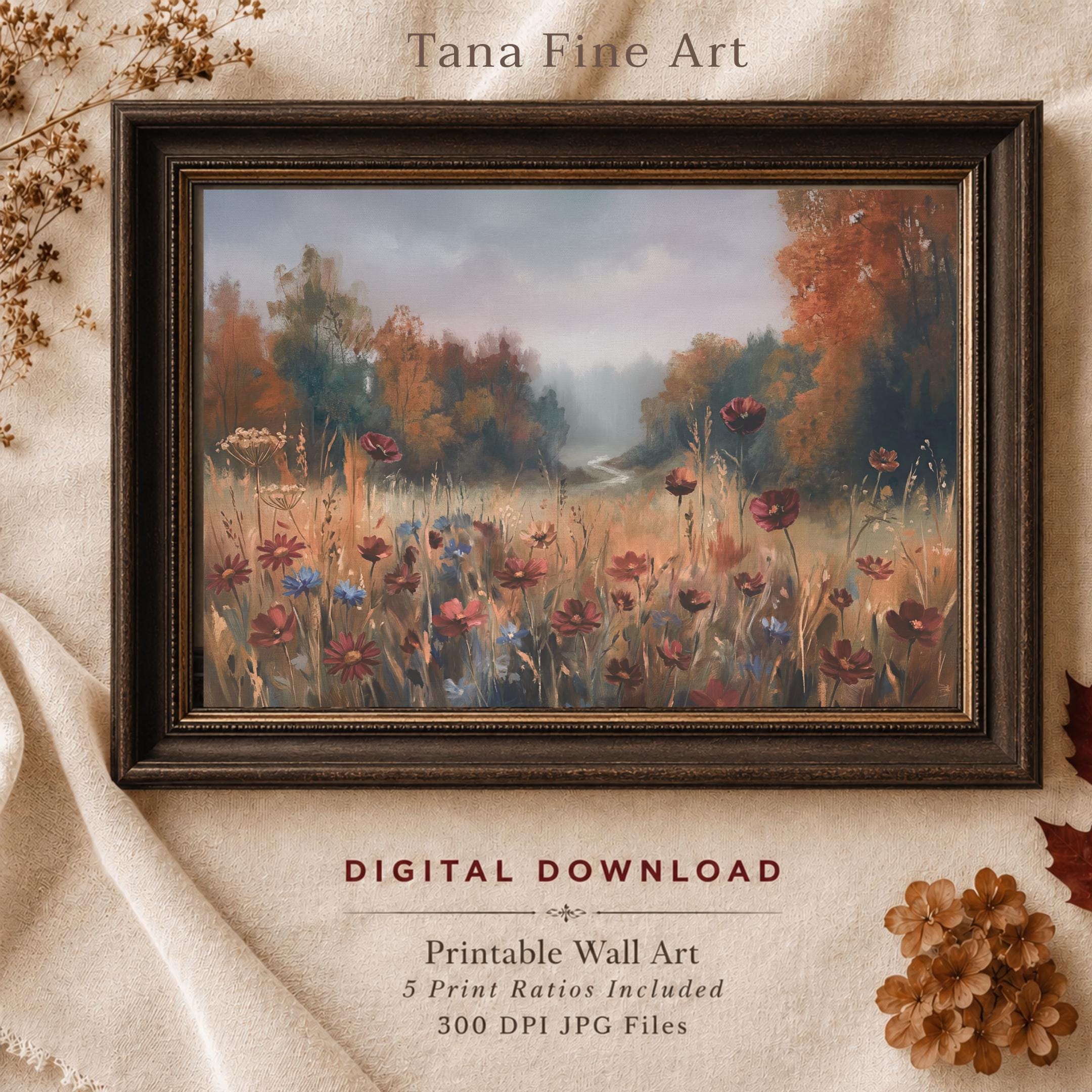 Fall Floral Landscape Print, Wildflower Meadow Wall Art, Rustic Autumn Nature Decor (Digital Download)