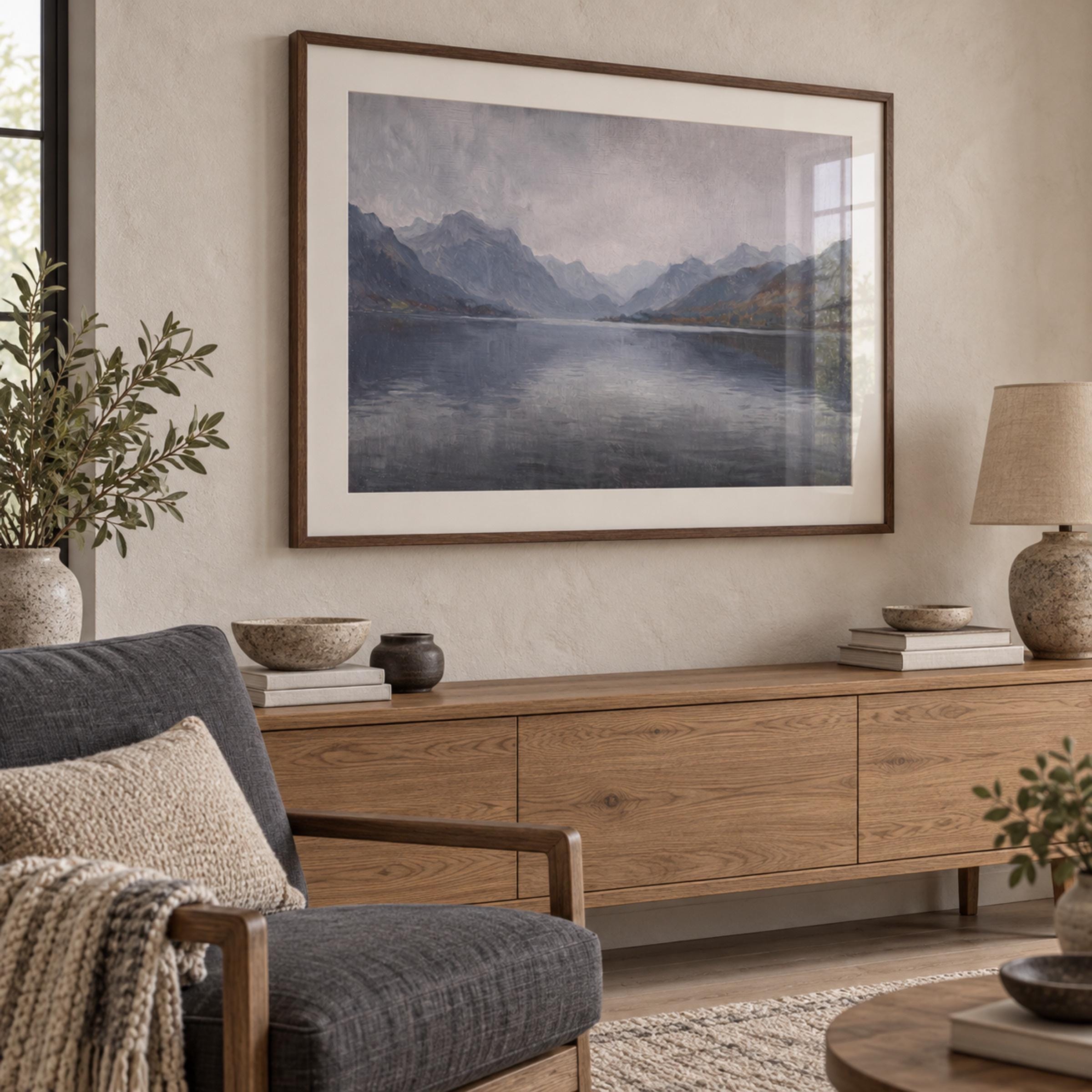 Misty Mountain Lake Wall Art, Vintage Alpine Landscape, Moody Blue Gray Decor, Digital Download — image 4