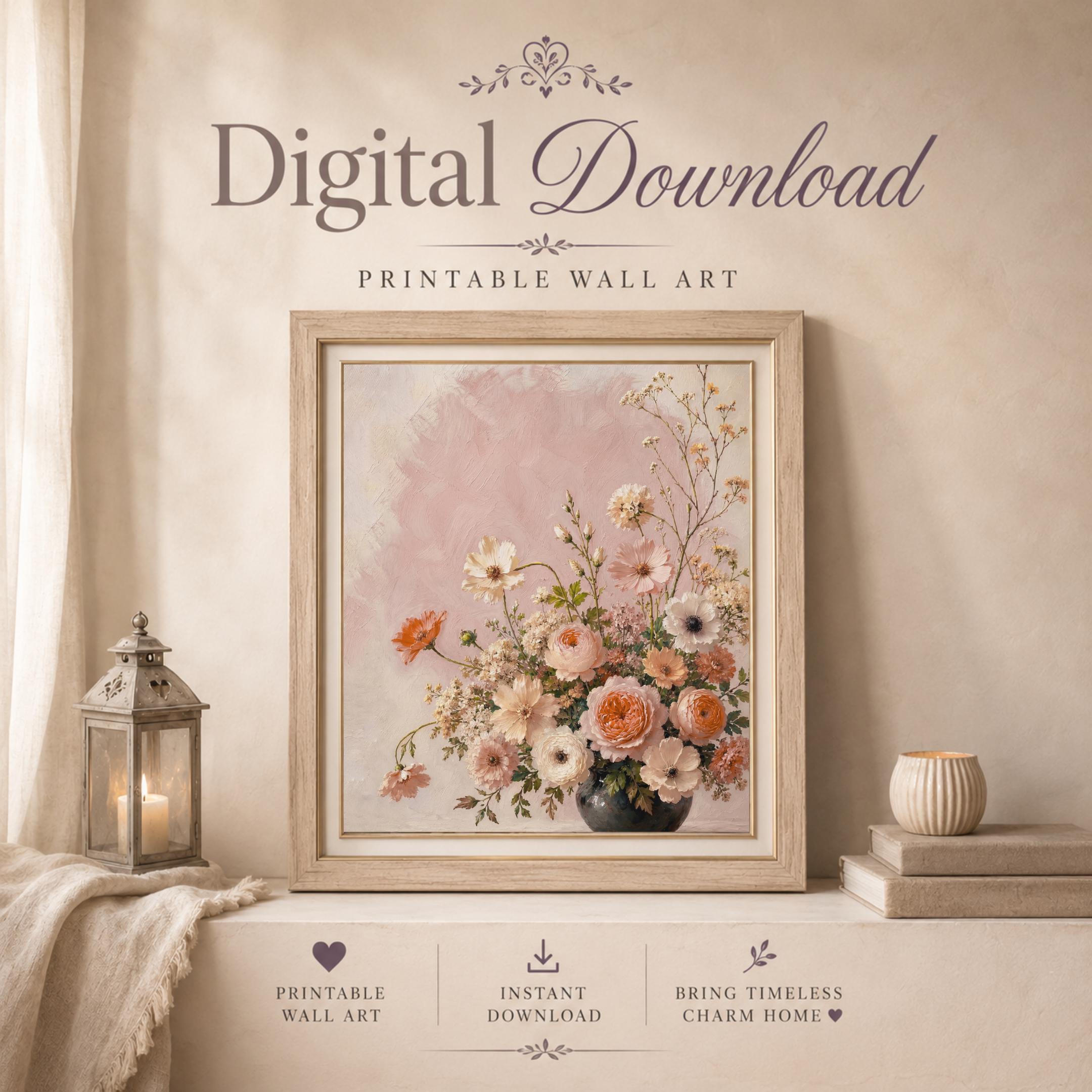Peach Summer Floral Vase Printable Wall Art, Blush Boho Cottage Home Decor Digital Download — image 7