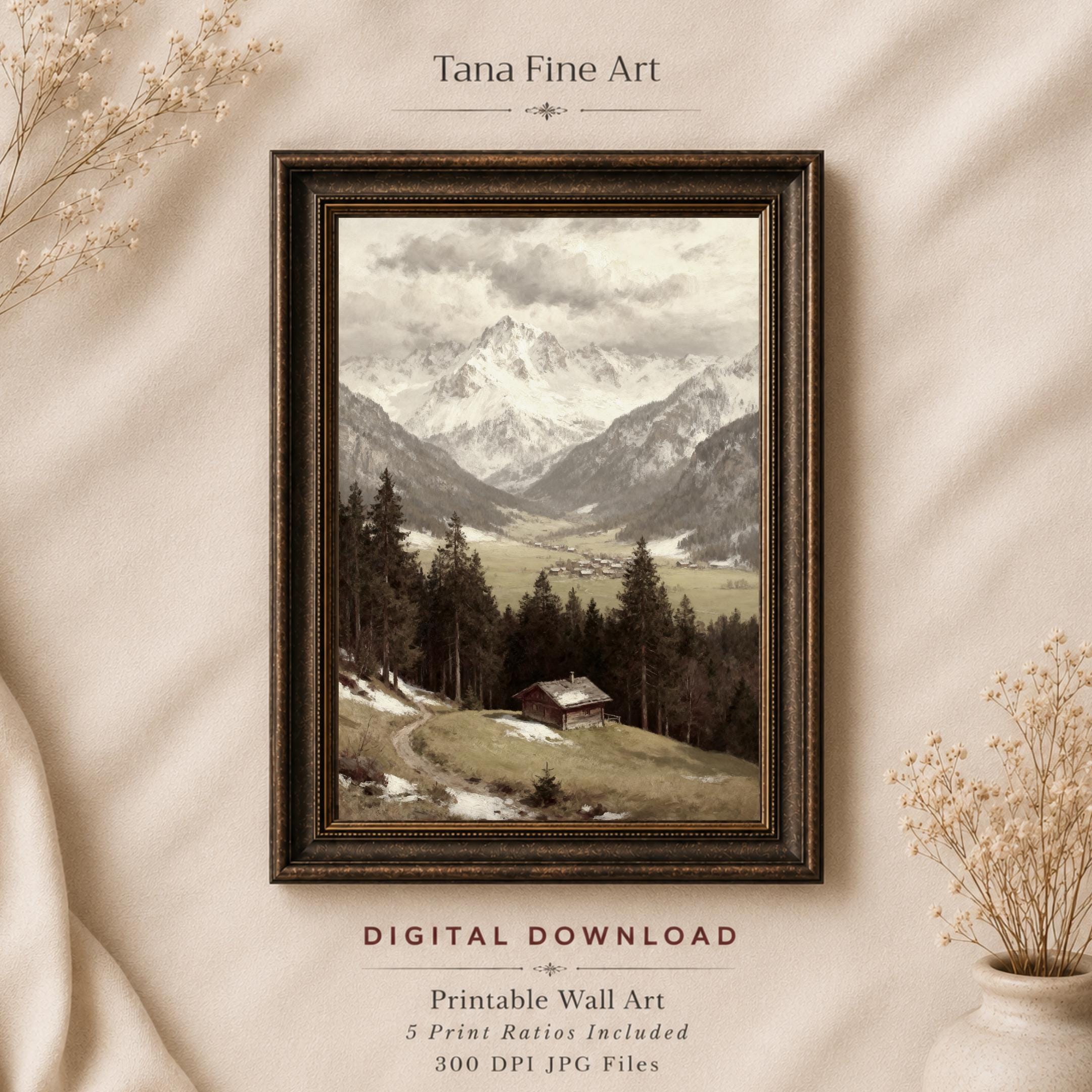 Alpine Mountain Landscape Wall Art, Rustic Cabin Valley, Vintage Paintings Nature Decor (Digital Download)