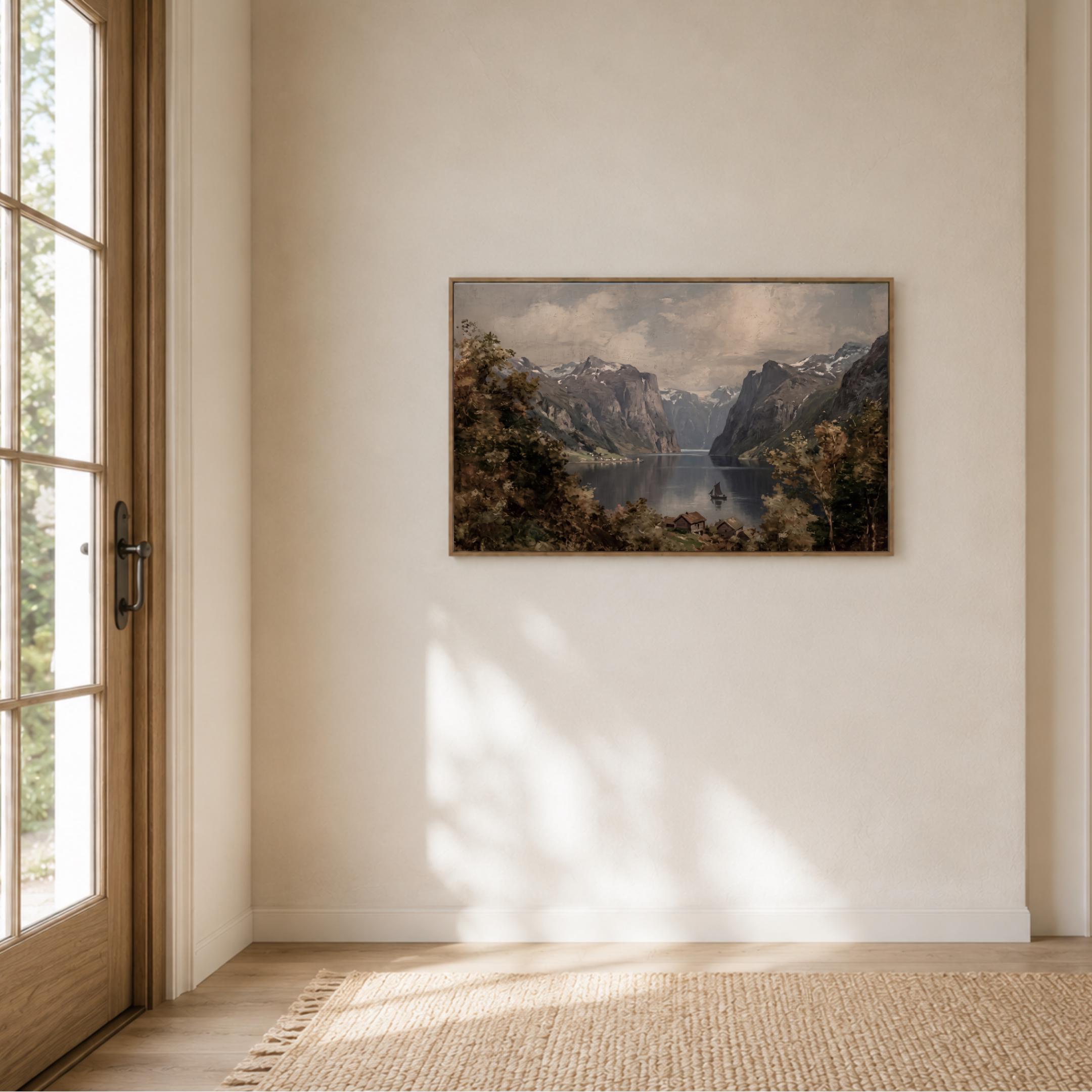 Scandinavian Mountain Lake Print | Norwegian Fjord Wall Art | Moody Vintage Landscape Digital Download — image 8