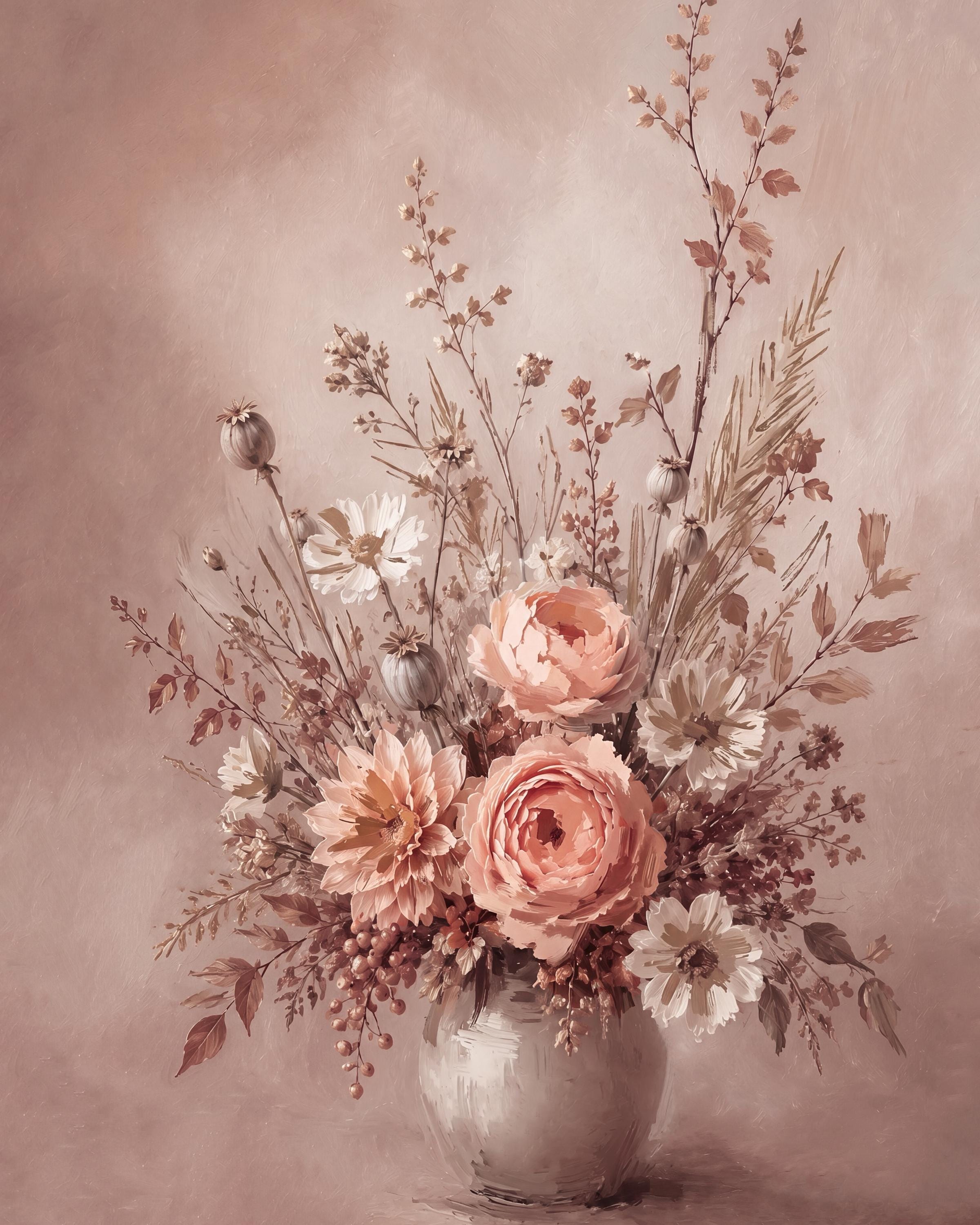 Neutral Floral Vase Print, Blush Roses Cosmos Autumn Wall Decor (Digital Download) — image 2