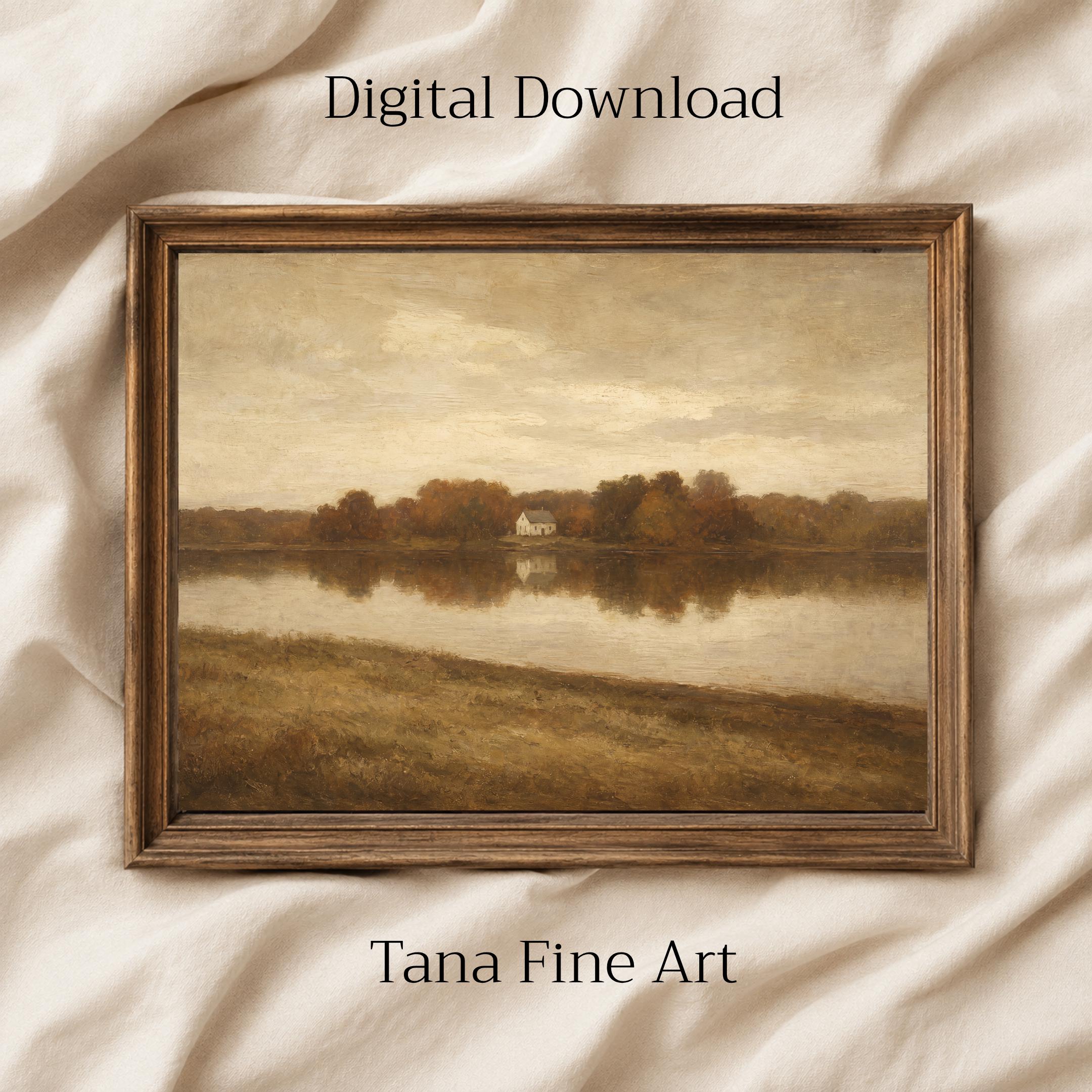 Fall Lake Cottage Wall Art | Vintage Autumn Cottage Landscape | Rustic Printable Digital Download