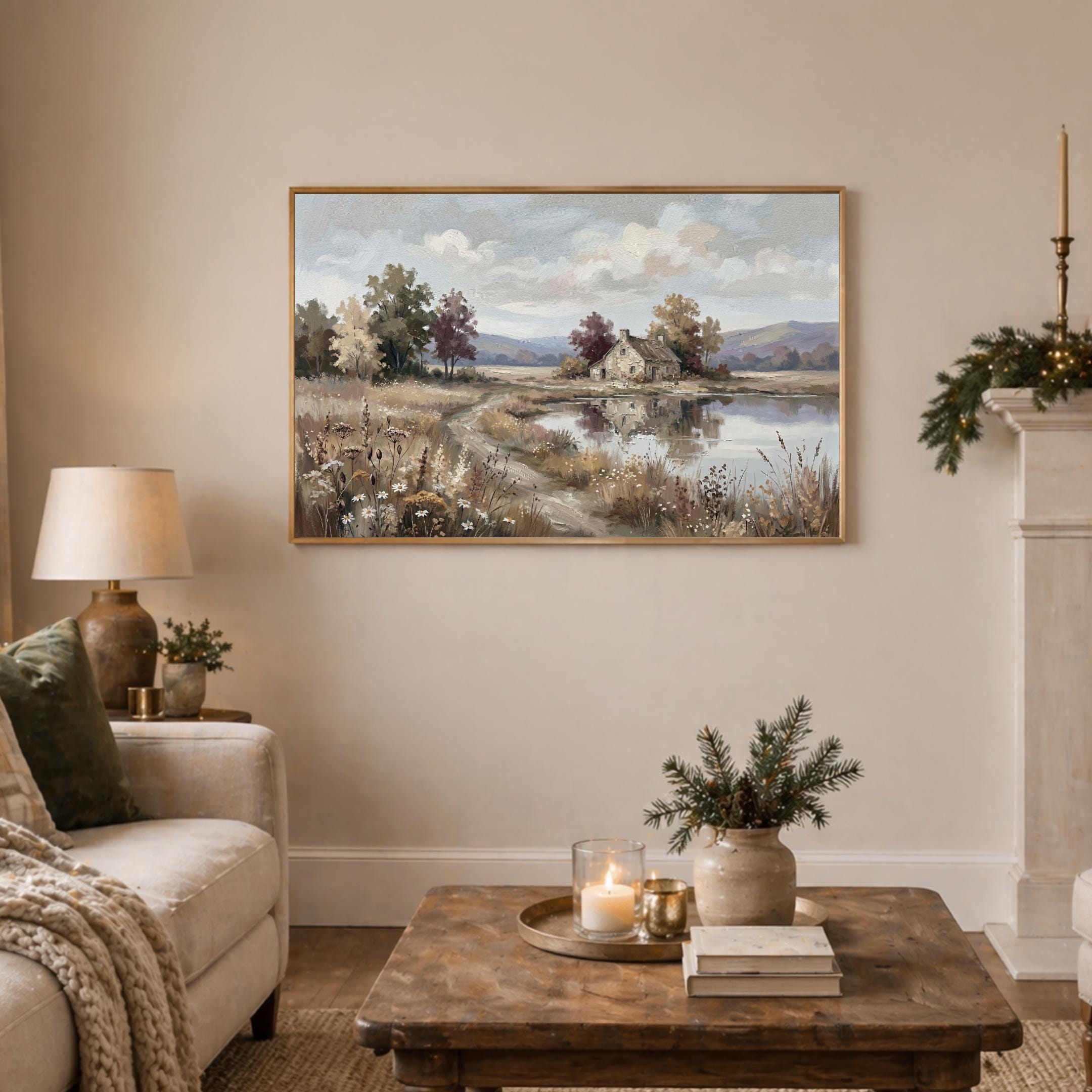 Cottage Landscape Wall Art, Farmhouse Lake House Print, Soft Countryside Nature Decor (Digital Download) — image 3