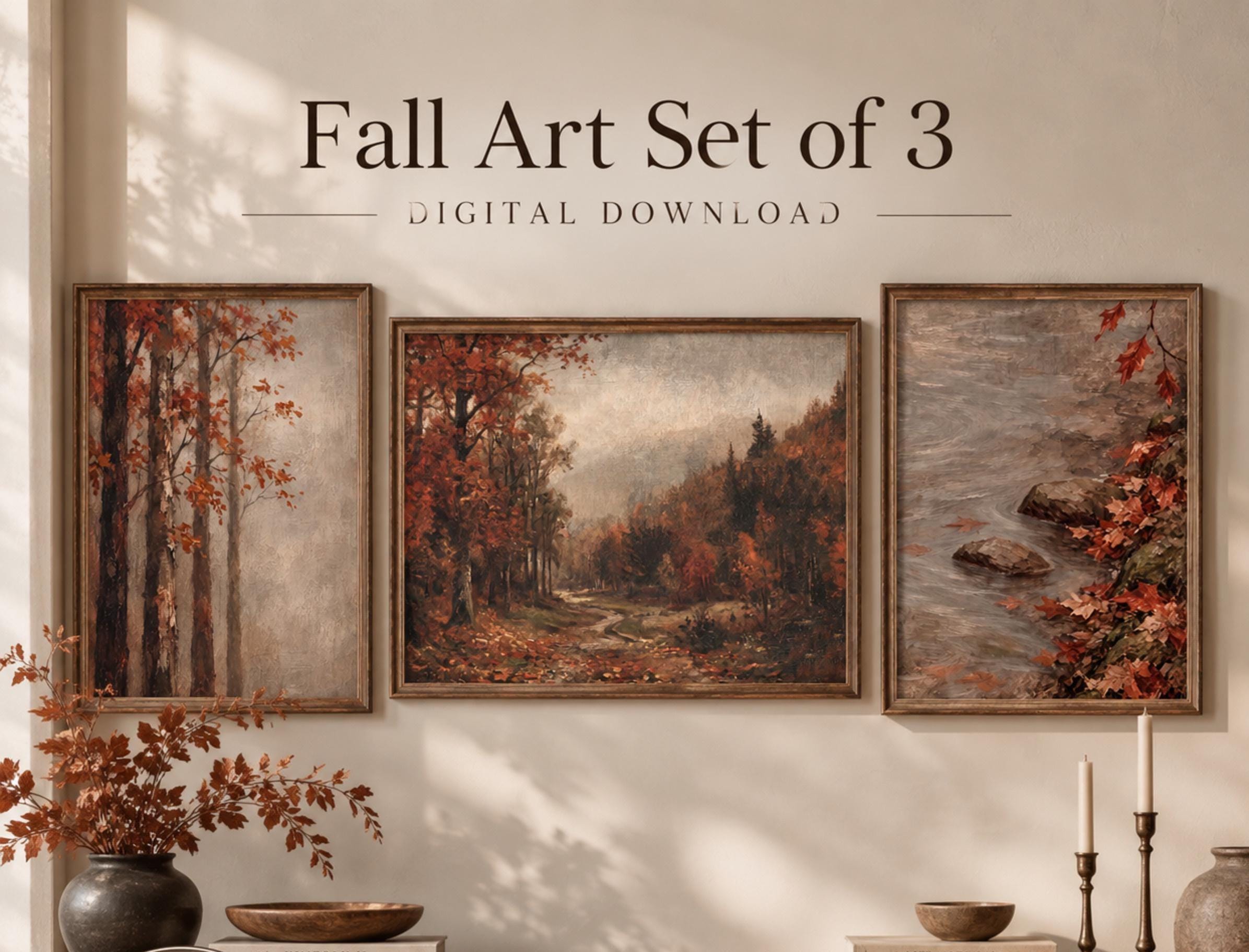 Fall Wall Art Set of 3 Printable, Rustic Autumn Forest Landscape Prints, Digital Download