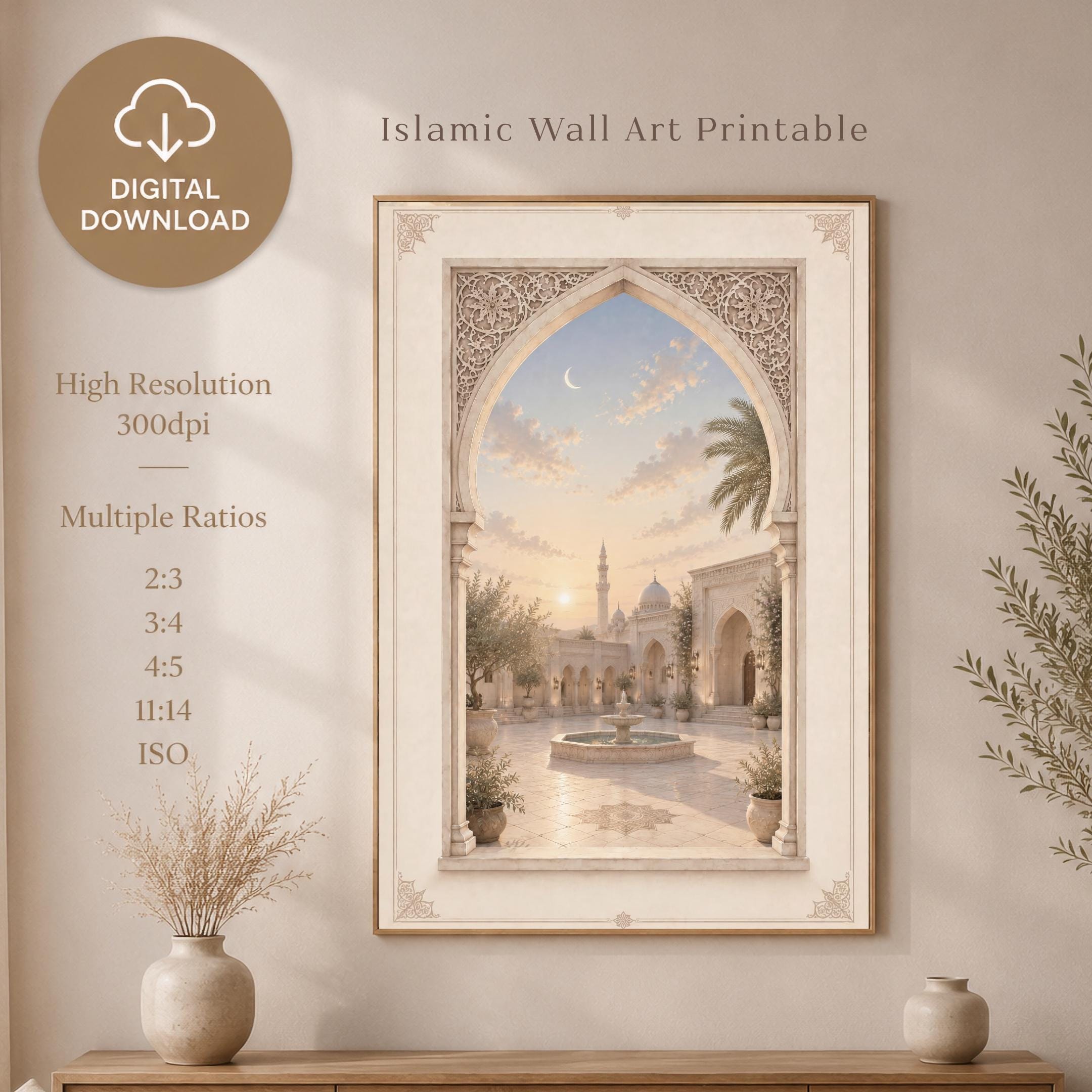 Crescent over the Courtyard — Islamic Arch Art
