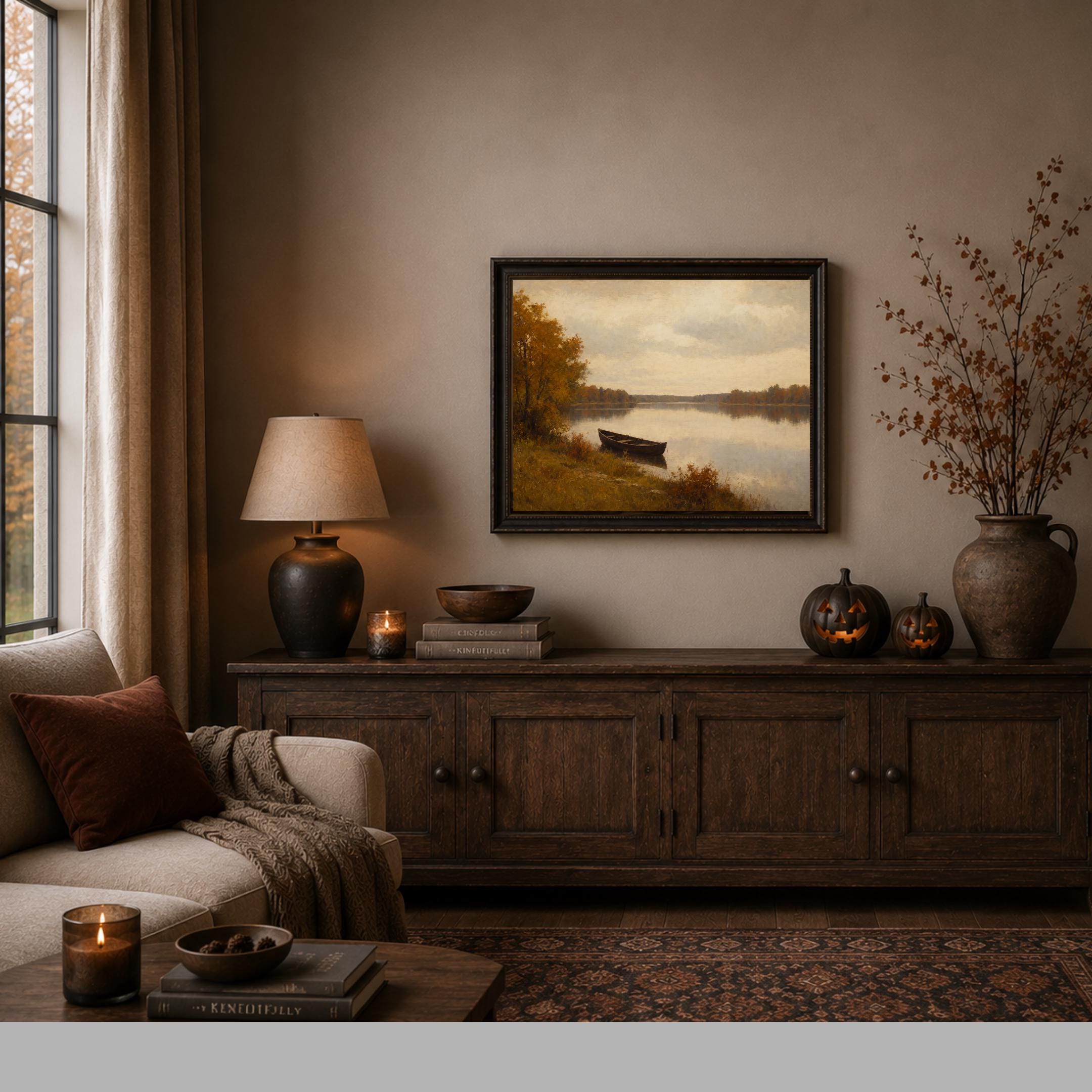 Fall Landscape Wall Art | Vintage Autumn Lake Boat Print | Rustic Printable Digital Download — image 4
