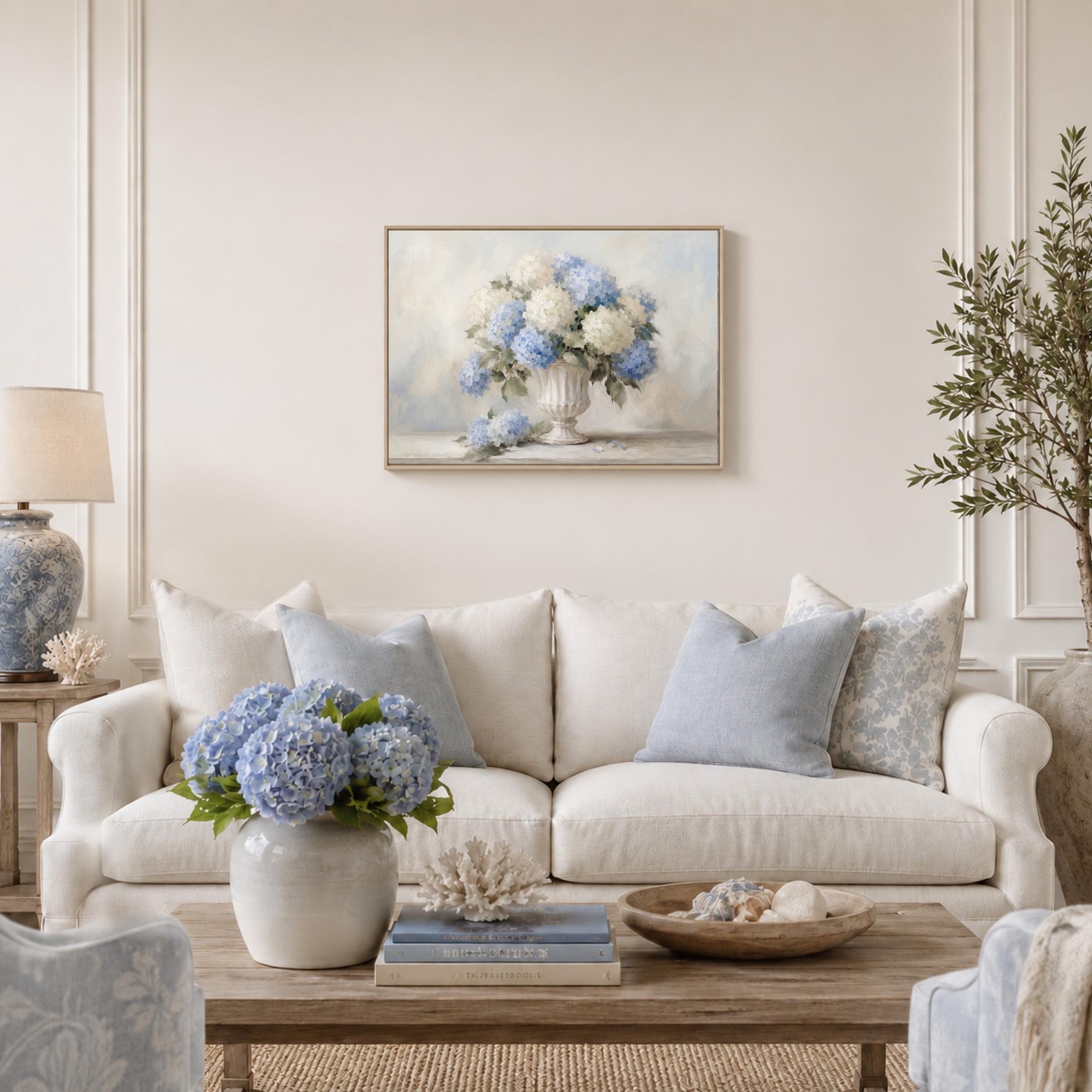 Vintage Blue Hydrangea Wall Art,  Neutral Floral in French Stone Urn (Digital Download) — image 3