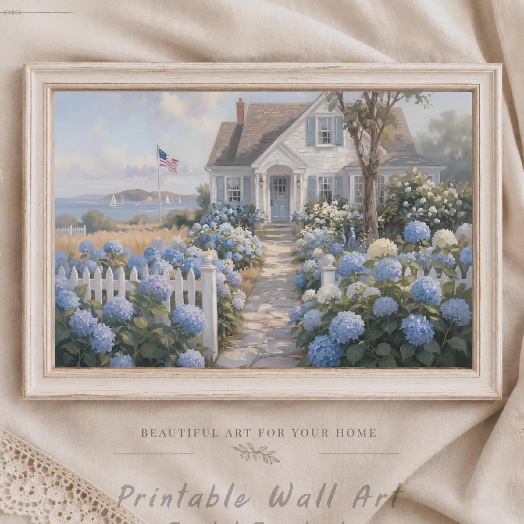 Gallery Wall Set of 3 Blue Hydrangea Art Prints, Coastal Cottage Decor (Digital Download) — image 4