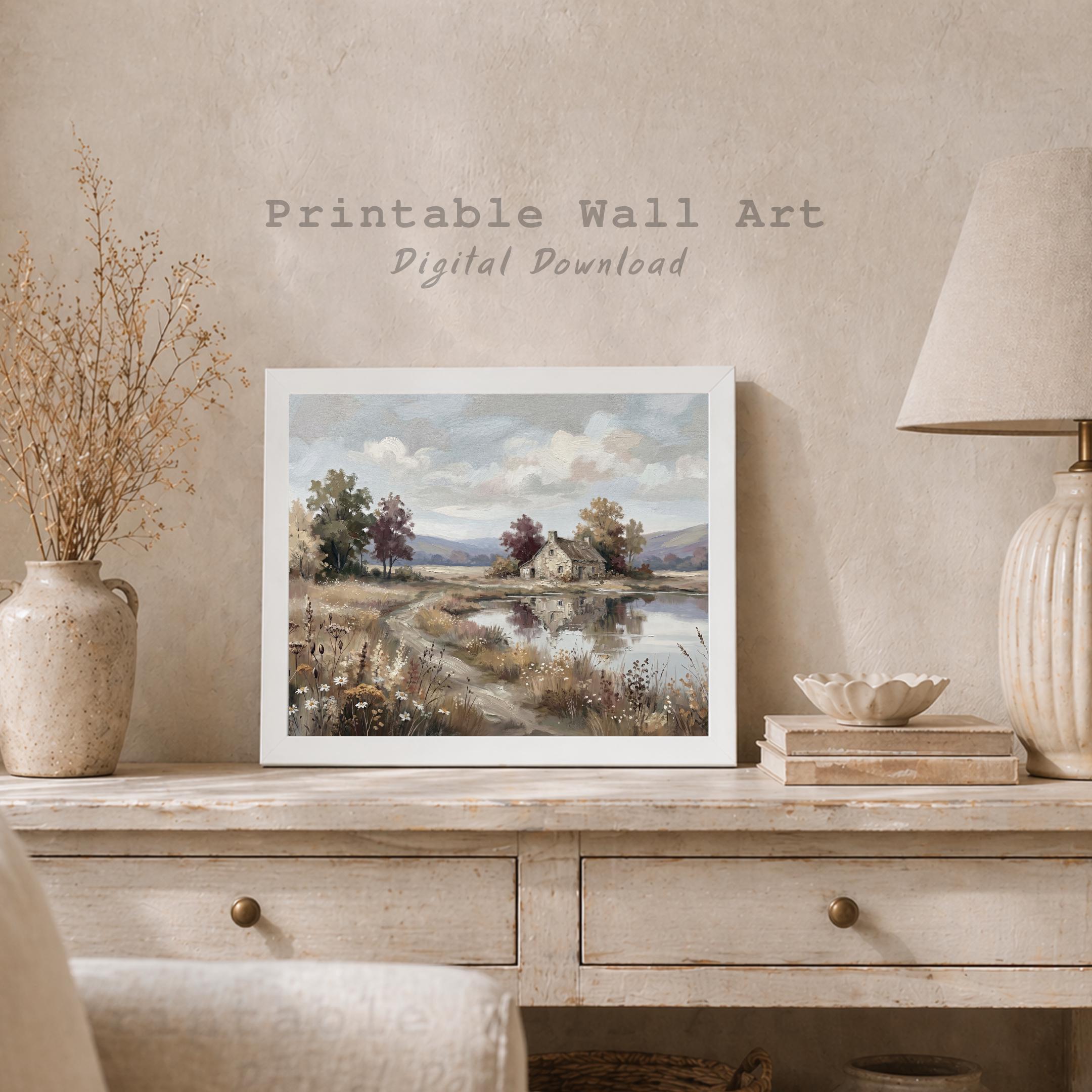 Cottage Landscape Wall Art, Farmhouse Lake House Print, Soft Countryside Nature Decor (Digital Download) — image 7