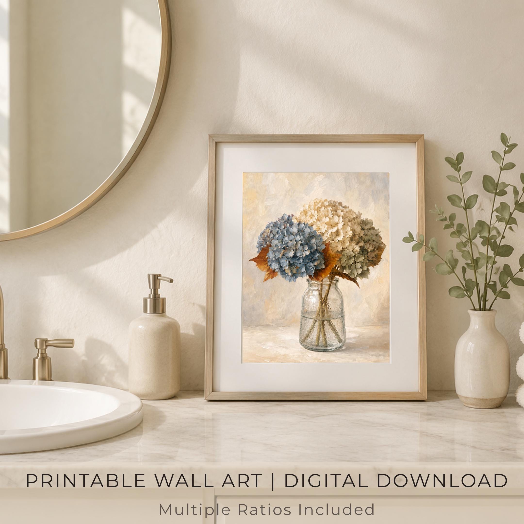 Blue and Cream Floral Glass Vase, Fall Hydrangea Art, Cozy Autumn Decor (Digital Download) — image 9