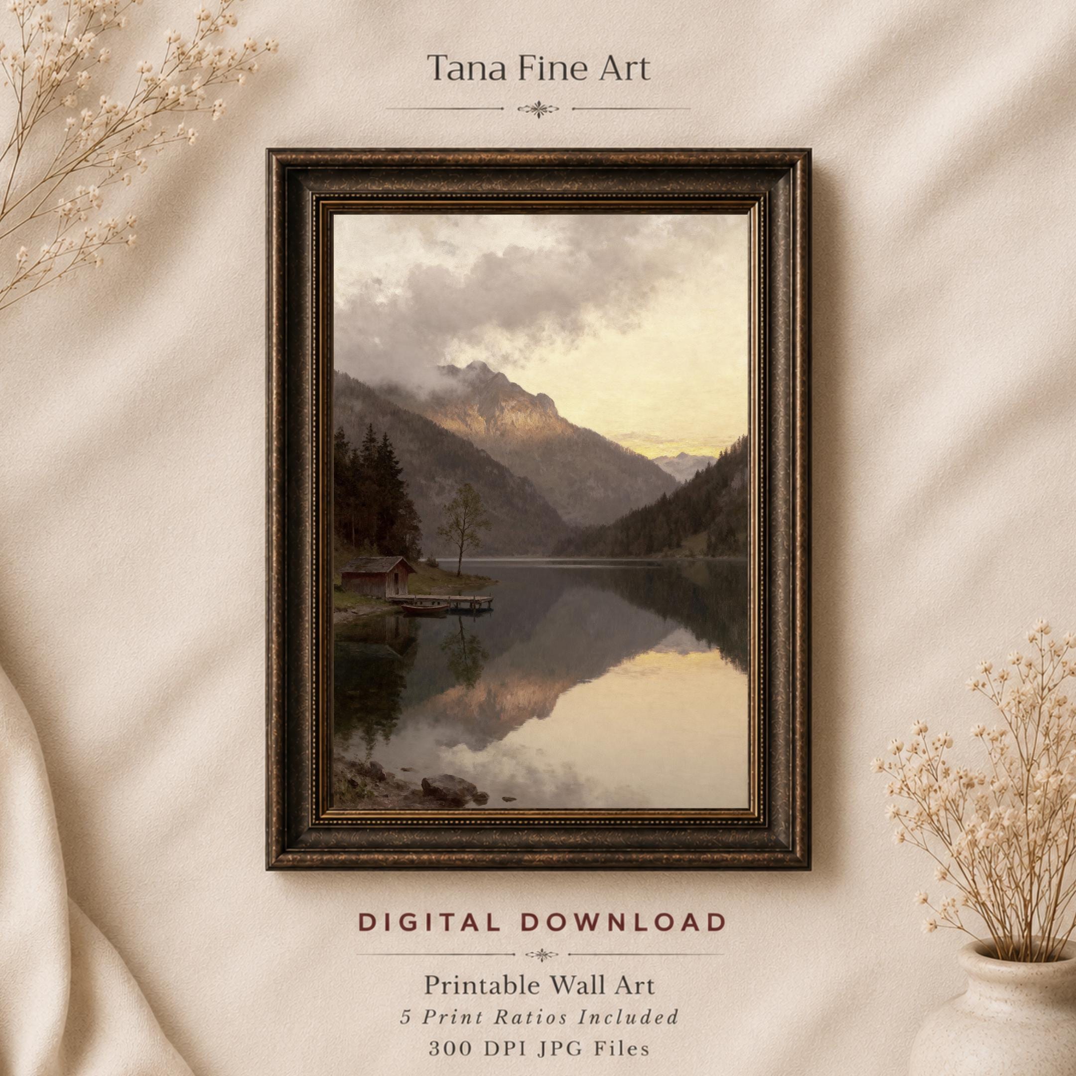 Mountain Cabin Lake Wall Art Print | Muted Landscape Printable | Rustic Nature Decor, Digital Download