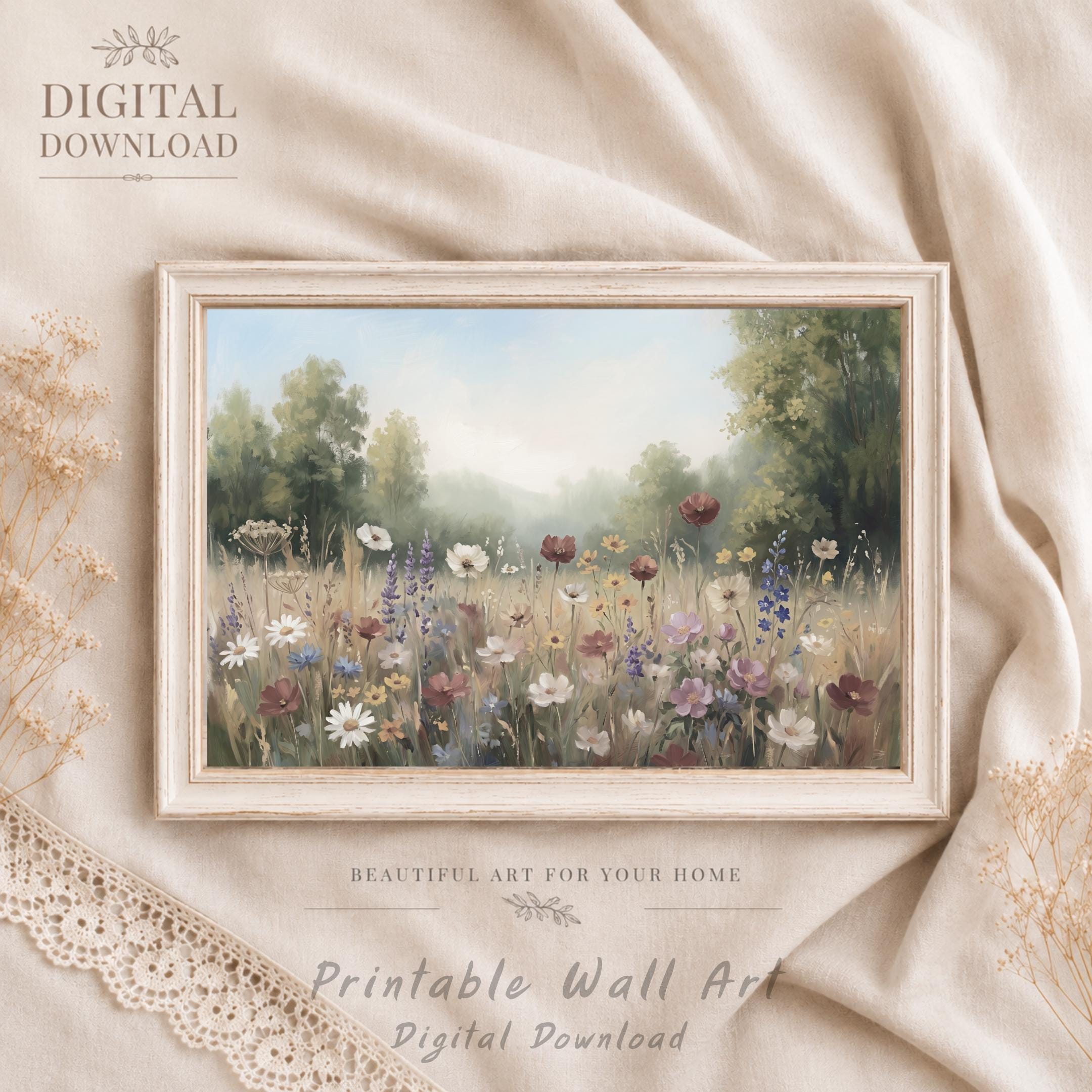 Summer Wildflower Meadow Wall Art, Floral Landscape Print, Neutral Floral Decor (Digital Download)