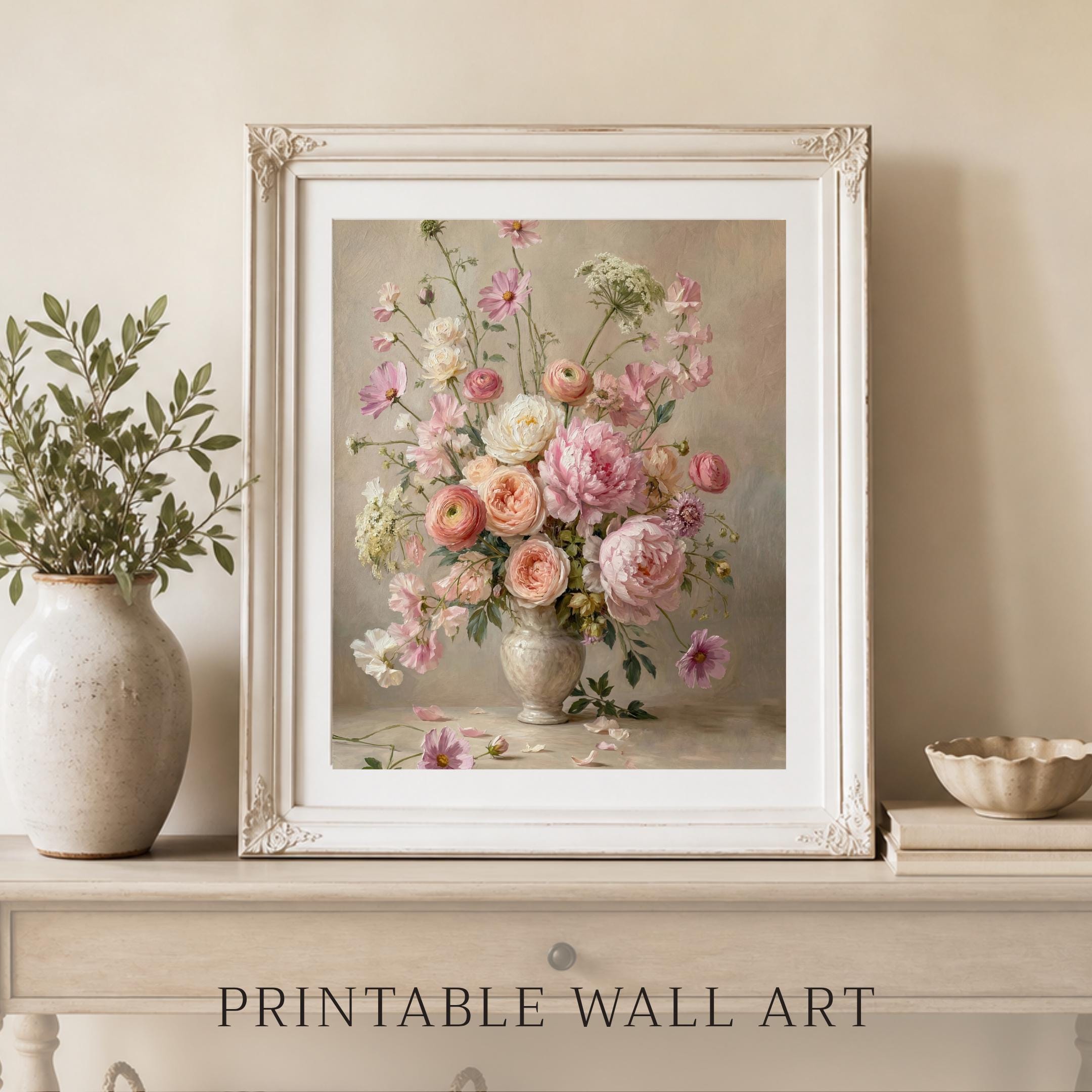 Vintage Pink Peony Vase Printable Wall Art, Romantic Floral Cottage Home Decor Digital Download — image 7
