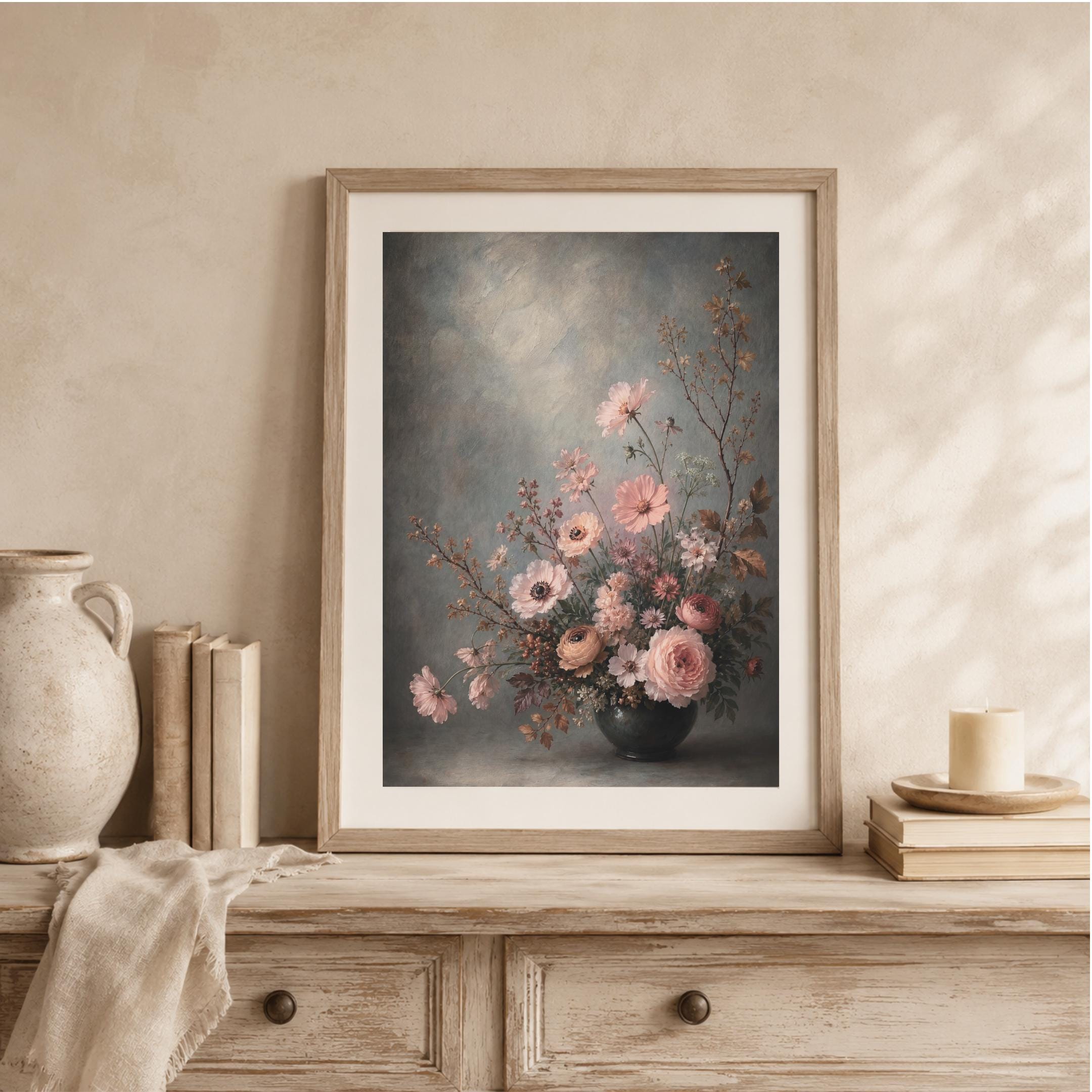 Moody Fall Floral Vase Printable Wall Art, Blush Botanical Dark Cottage Decor Digital Download — image 6