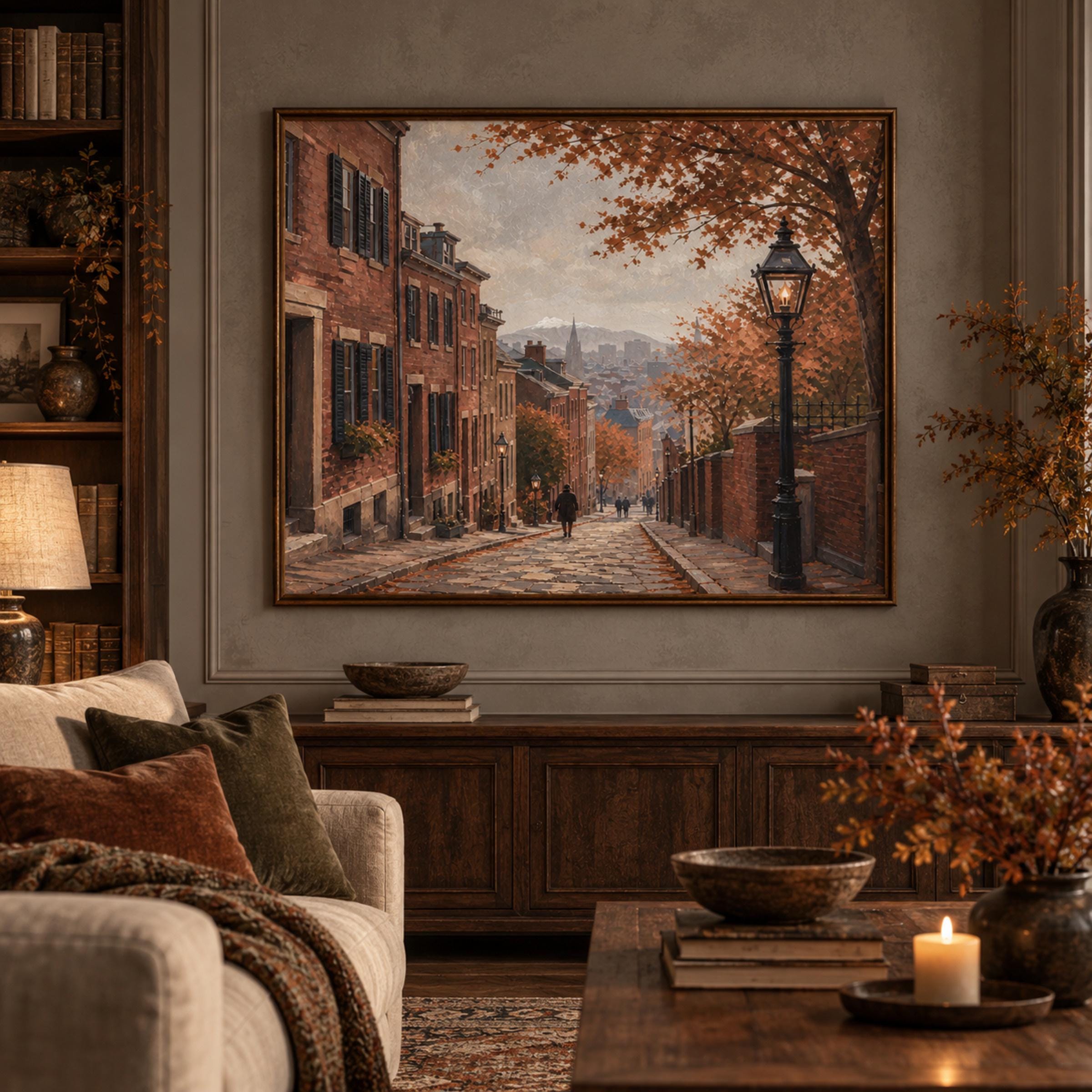 Vintage Autumn City Wall Art, Cobblestone Street, Cozy Fall Urban Home Decor, Digital Download — image 2