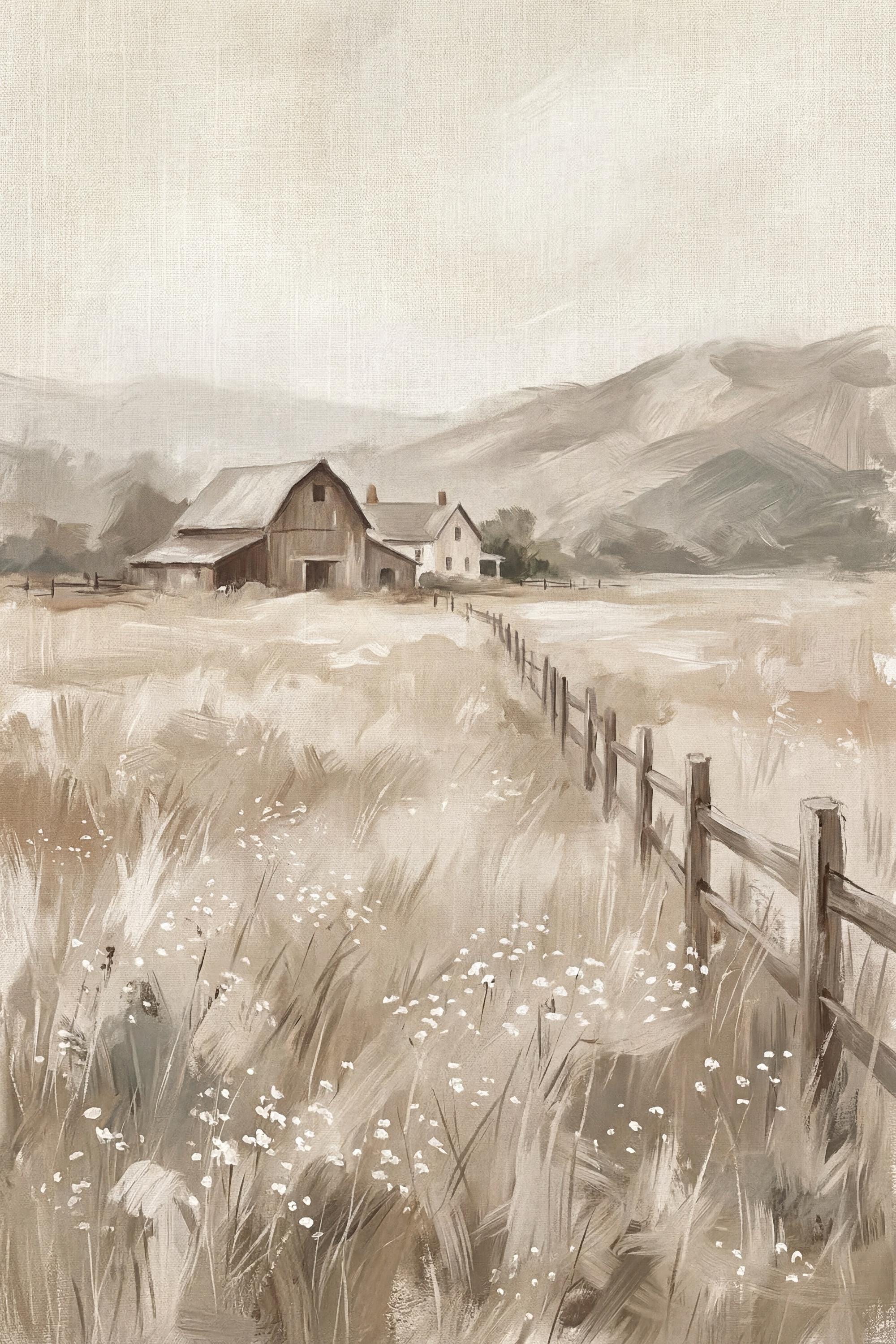 Barn Farmhouse Wall Art Prints | Neutral Landscape Print, Rustic Country Meadow Decor (Digital Download) — image 2