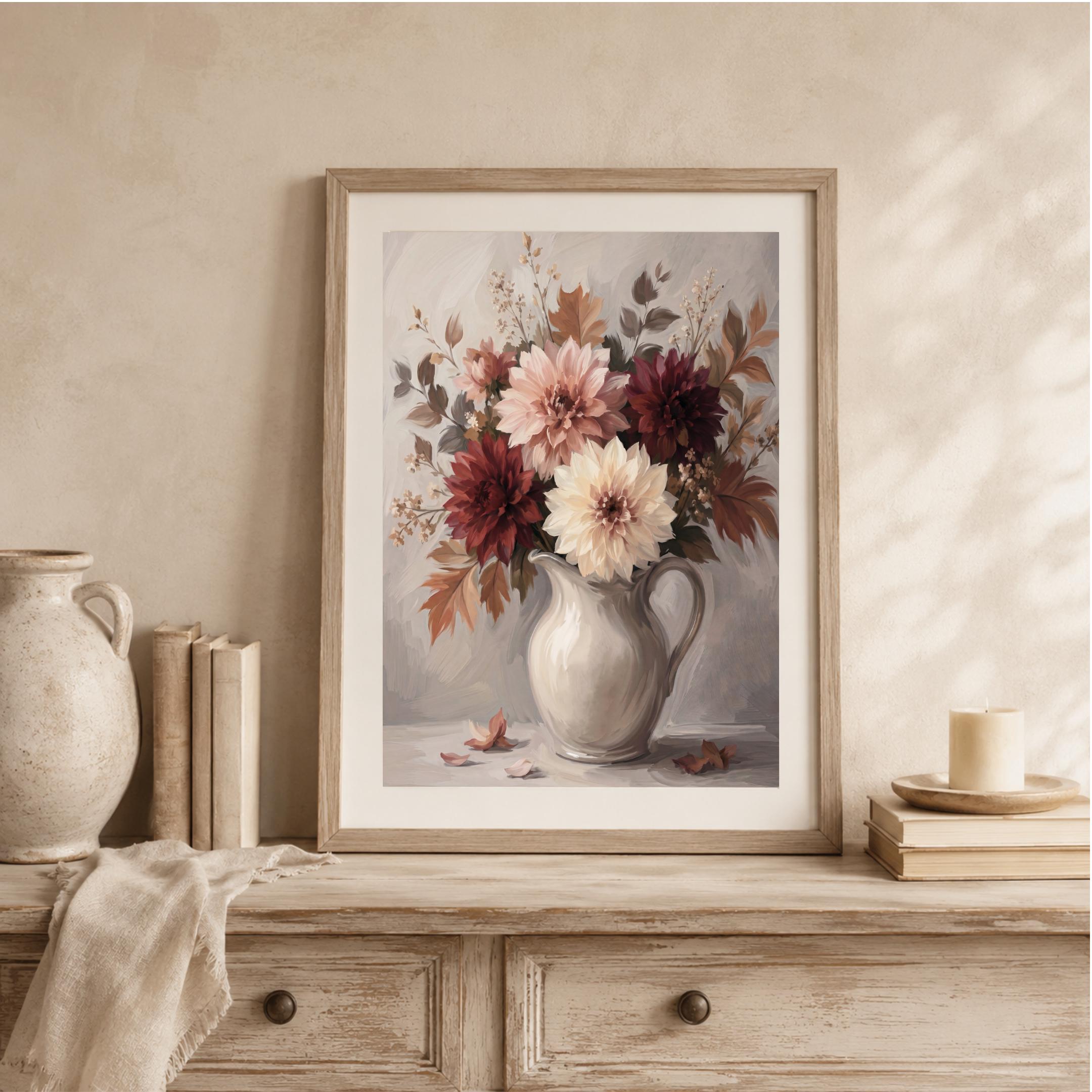 Fall Dahlia Wall Art, Moody Floral Pitcher Print, Burgundy Autumn Flower Decor (Digital Download) — image 3