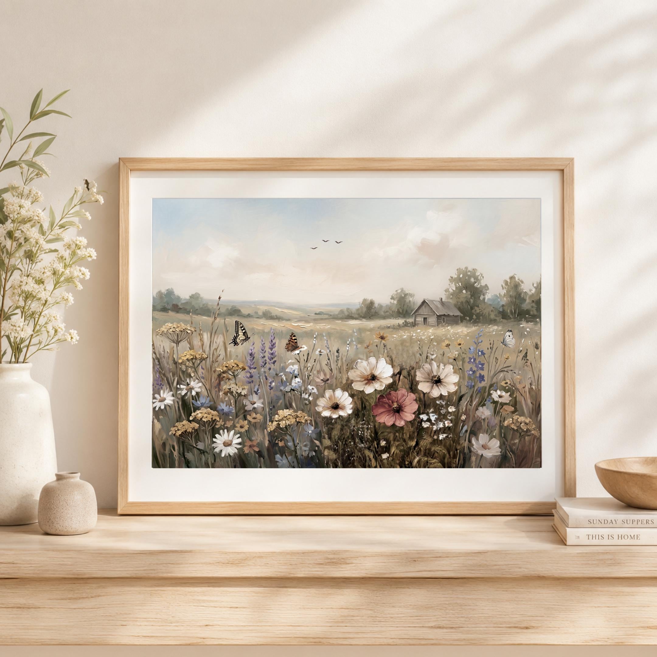 Cottage Wildflower Wall Art, Butterfly Meadow Landscape Print, Rustic Summer Farmhouse Decor (Digital Download) — image 3