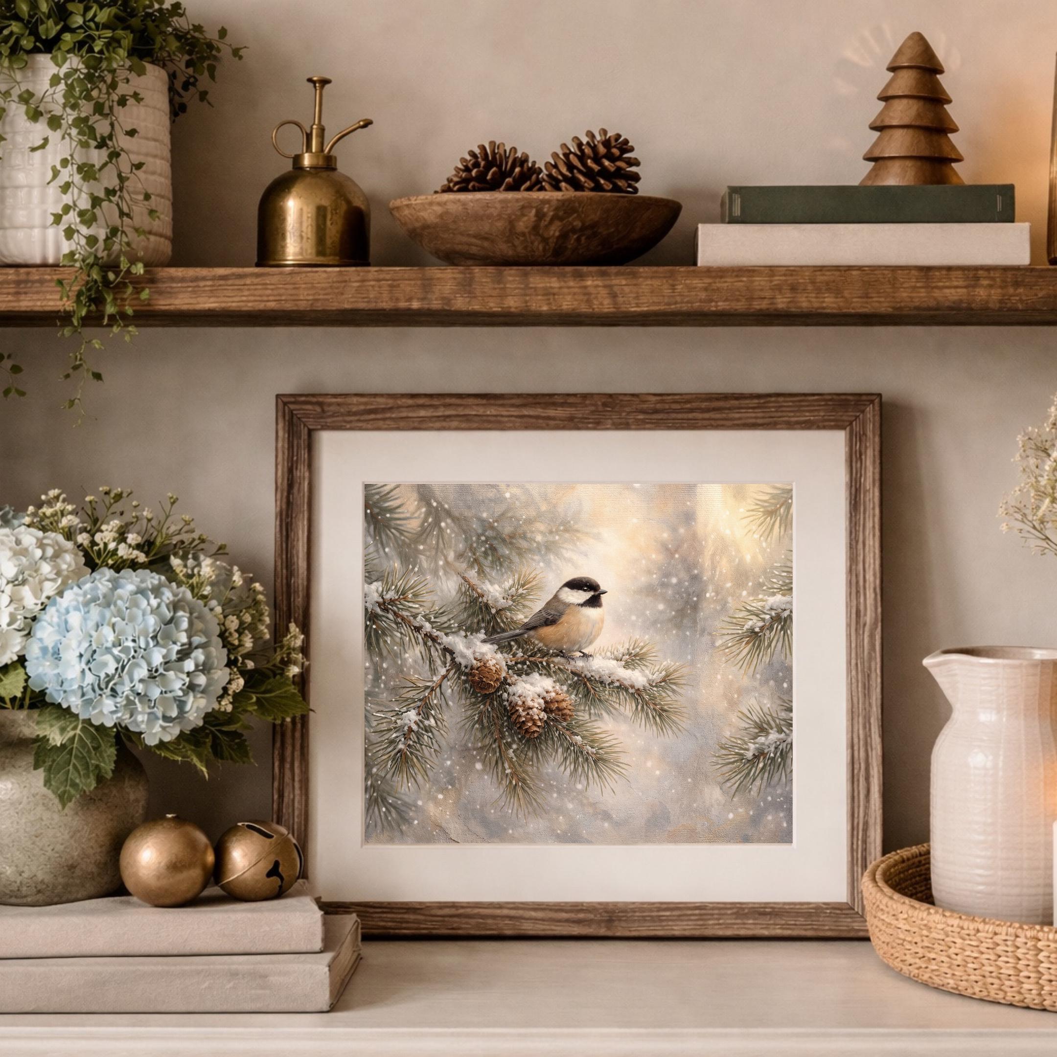 Winter Bird Wall Art Printable | Chickadee Pine Branch Print | Cozy Christmas Decor (Digital Download) — image 3