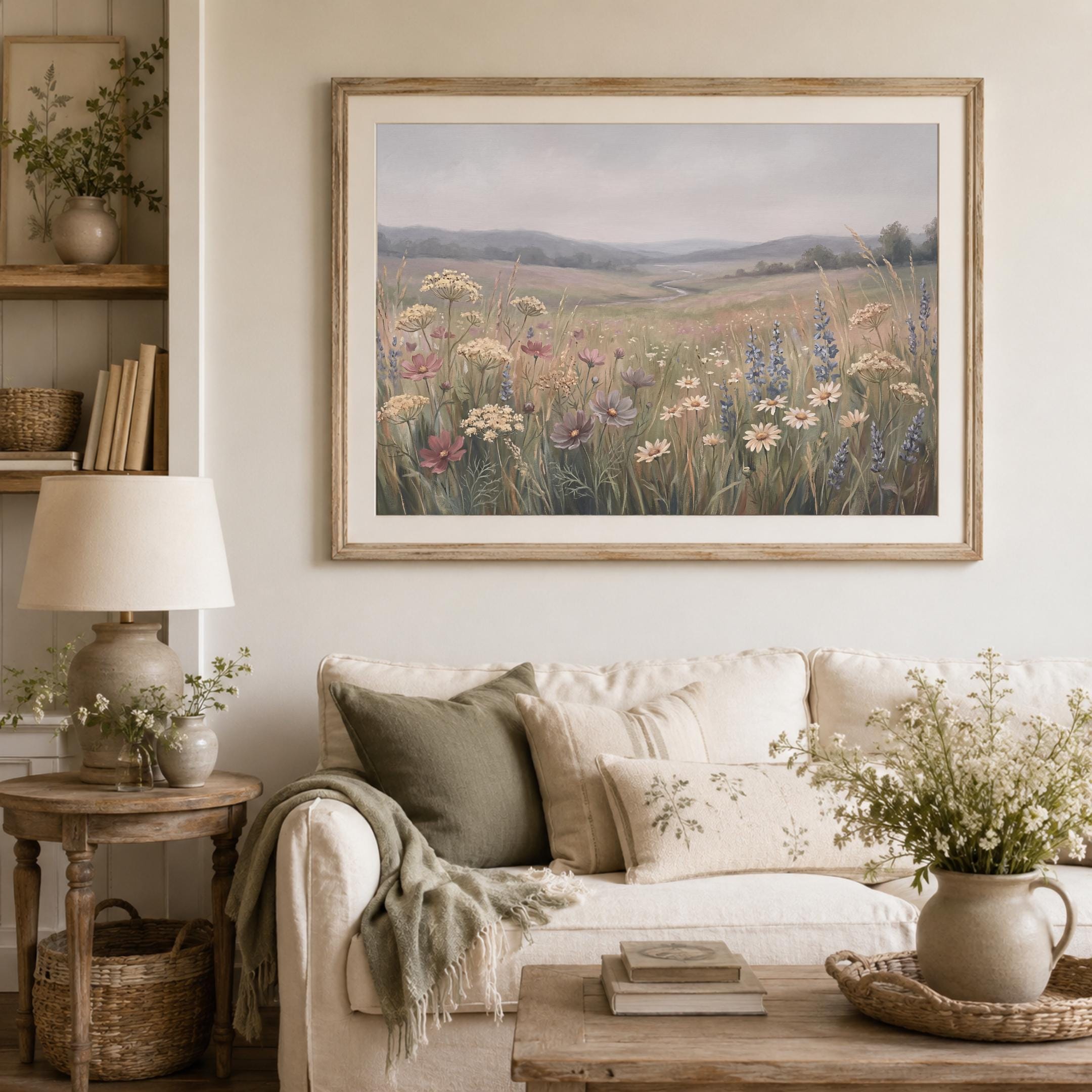 Neutral Floral Landscape Print, Vintage Wildflower Meadow Wall Art, Cottage Nature Decor (Digital Download) — image 3
