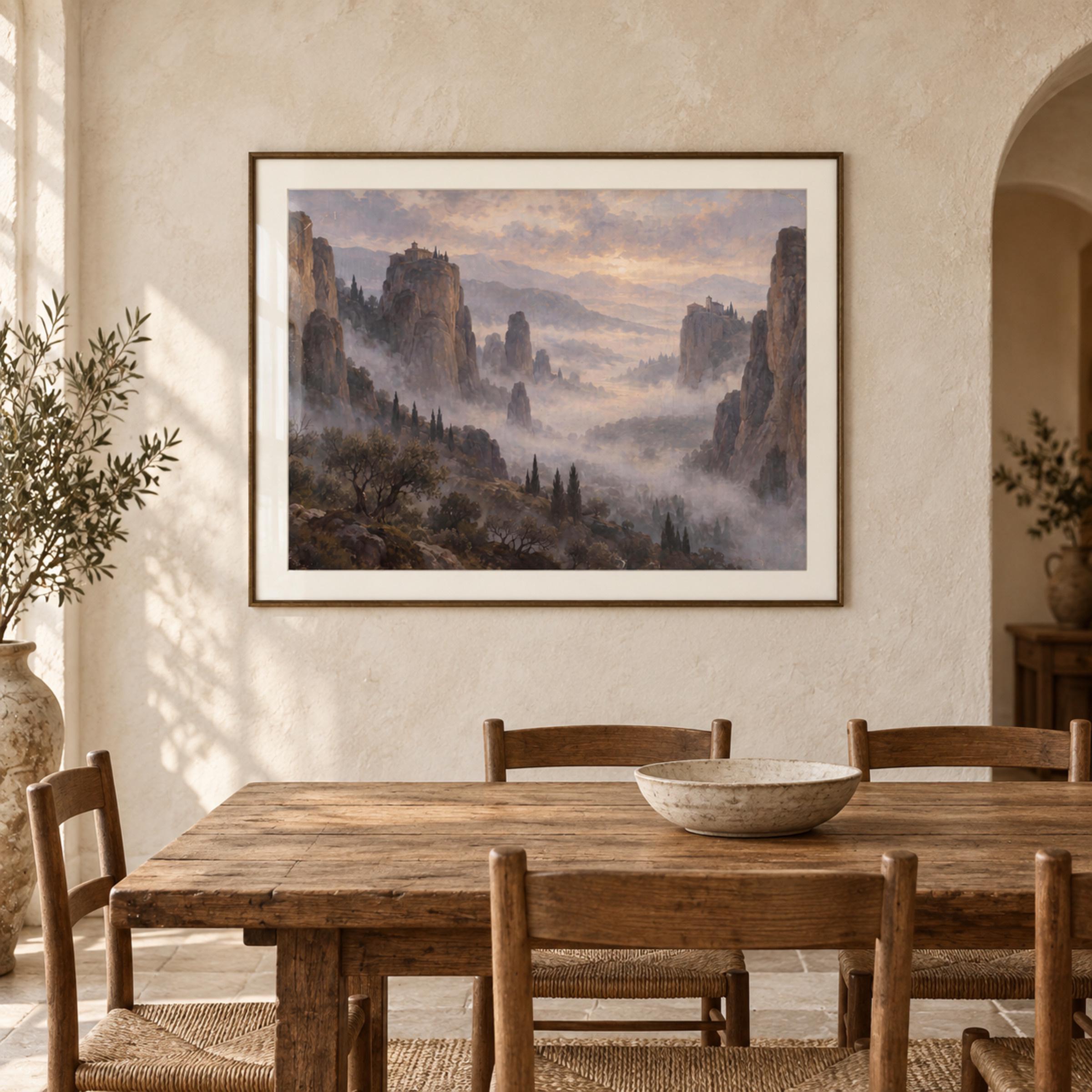 Vintage Misty Mountain Wall Art, Cliffside Monastery Landscape, Ethereal Valley, Rustic Mediterranean Digital Download — image 4