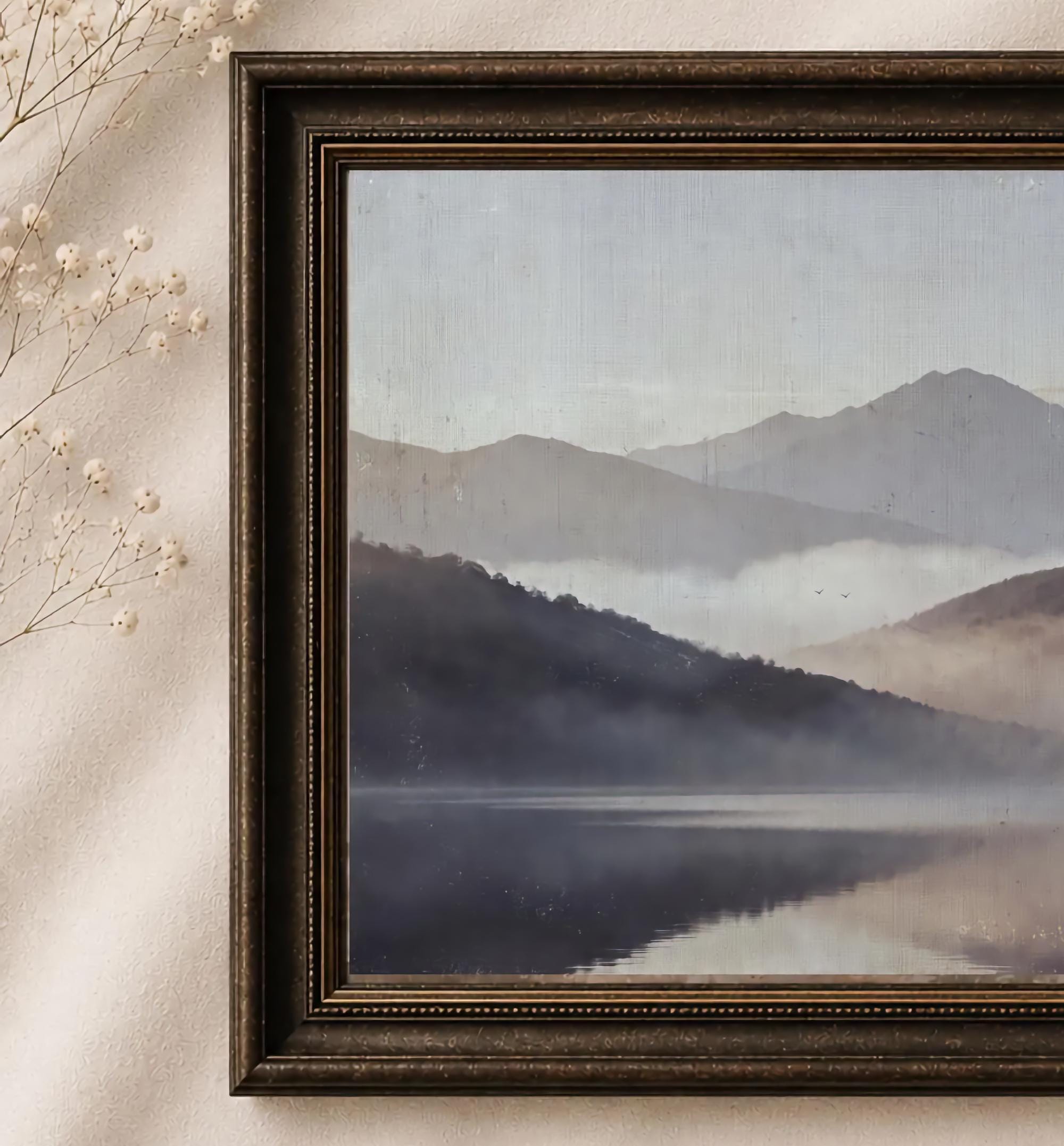 Misty Mountain Lake Printable Wall Art, Moody Neutral Landscape, Serene Bedroom Decor Digital Download — image 2