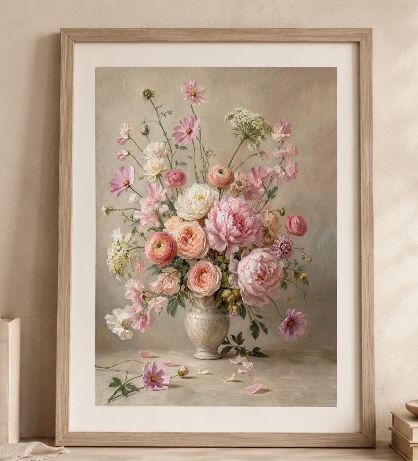Vintage Pink Peony Vase Printable Wall Art, Romantic Floral Cottage Home Decor Digital Download — image 2