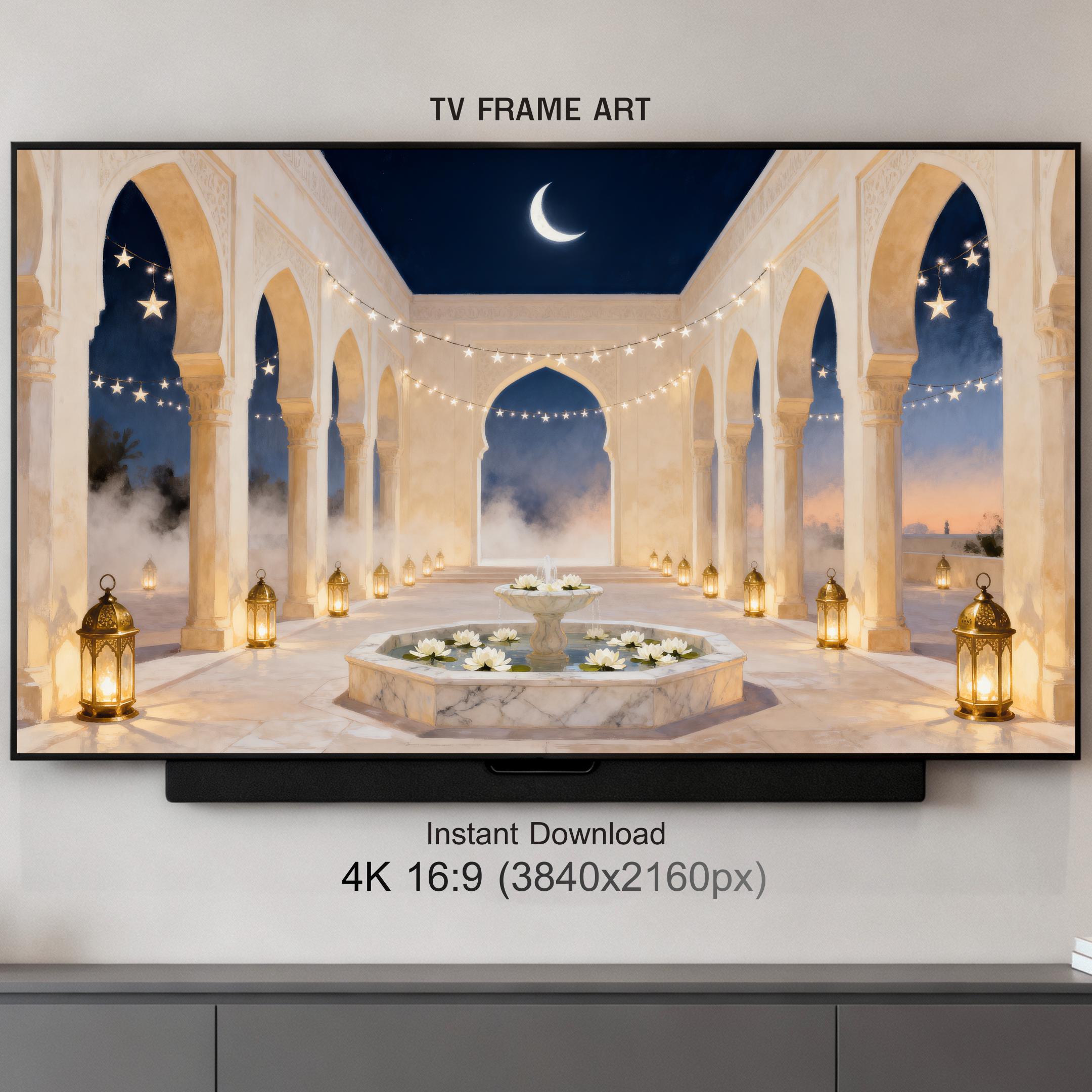 Ramadan Frame TV Art | Moonlit Courtyard Fountain | 4K Digital Download