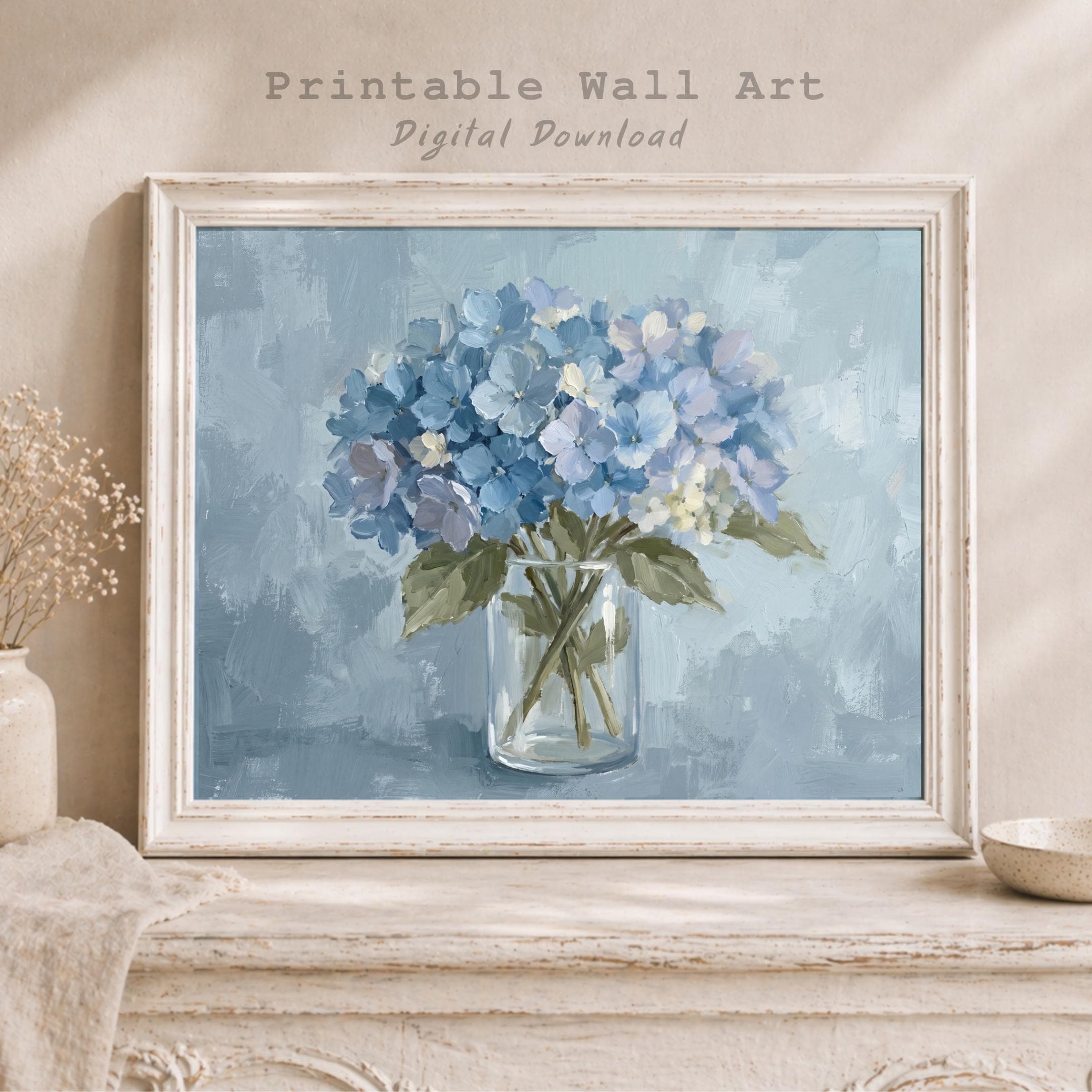 Blue Hydrangea Floral Painting Bathroom Print | French Country Vase Wall Art (Digital Download)